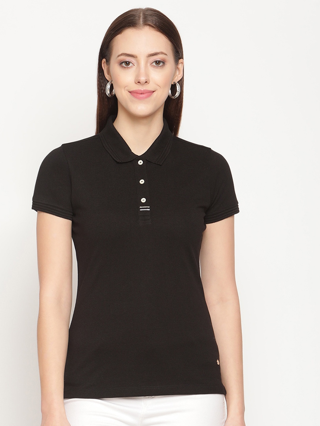 

METTLE Women Black Polo Collar Cotton T-shirt