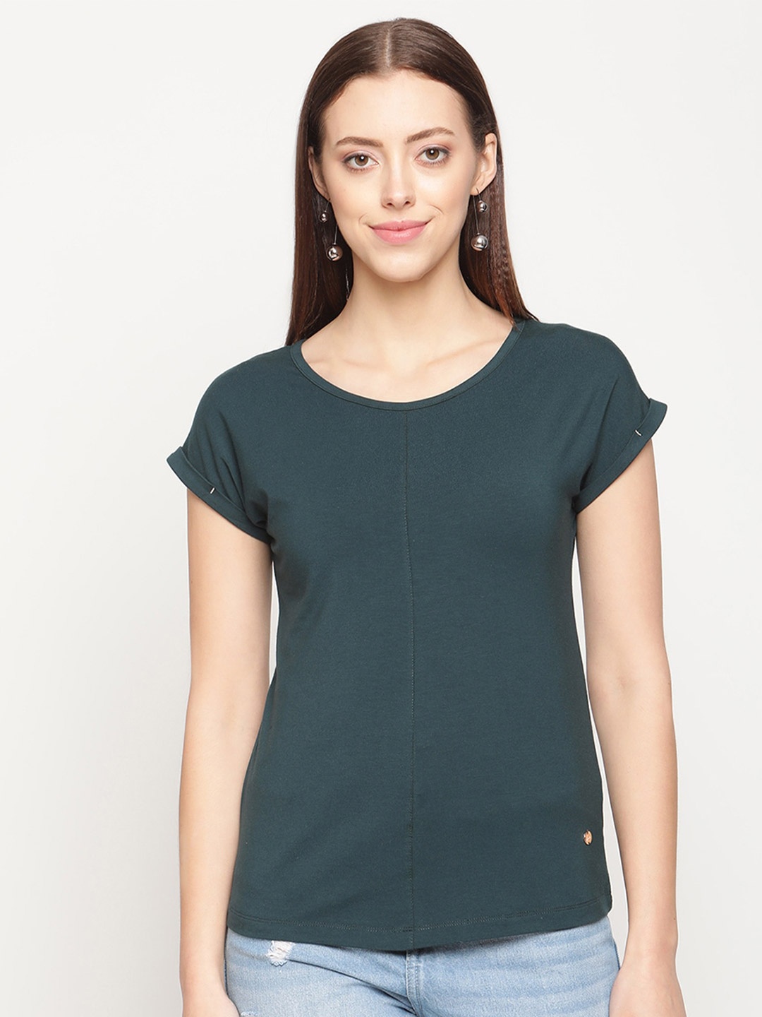 

METTLE Women Green Extended Sleeves Solid T-shirt