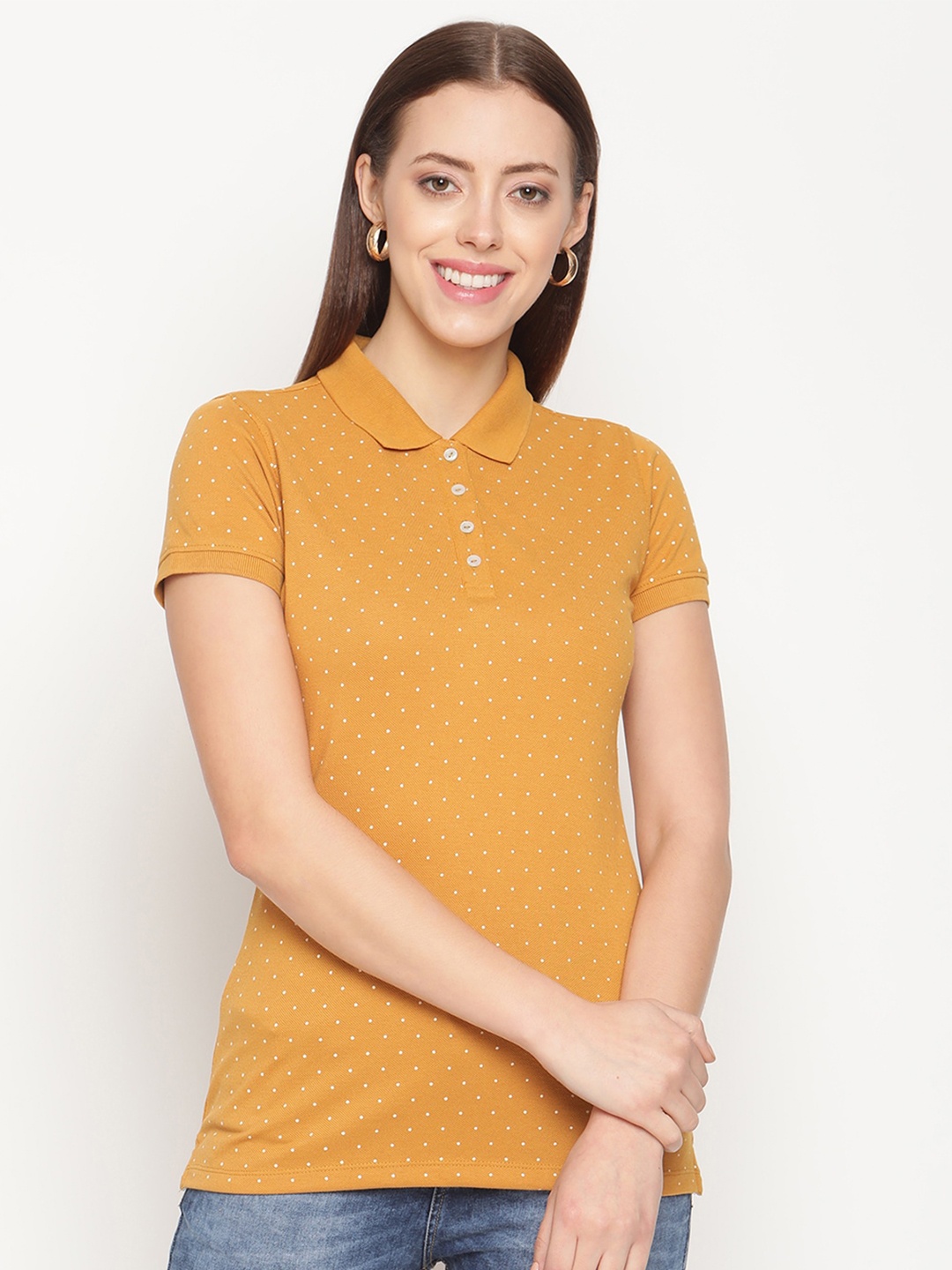 

METTLE Women Yellow Printed Polo Collar T-shirt