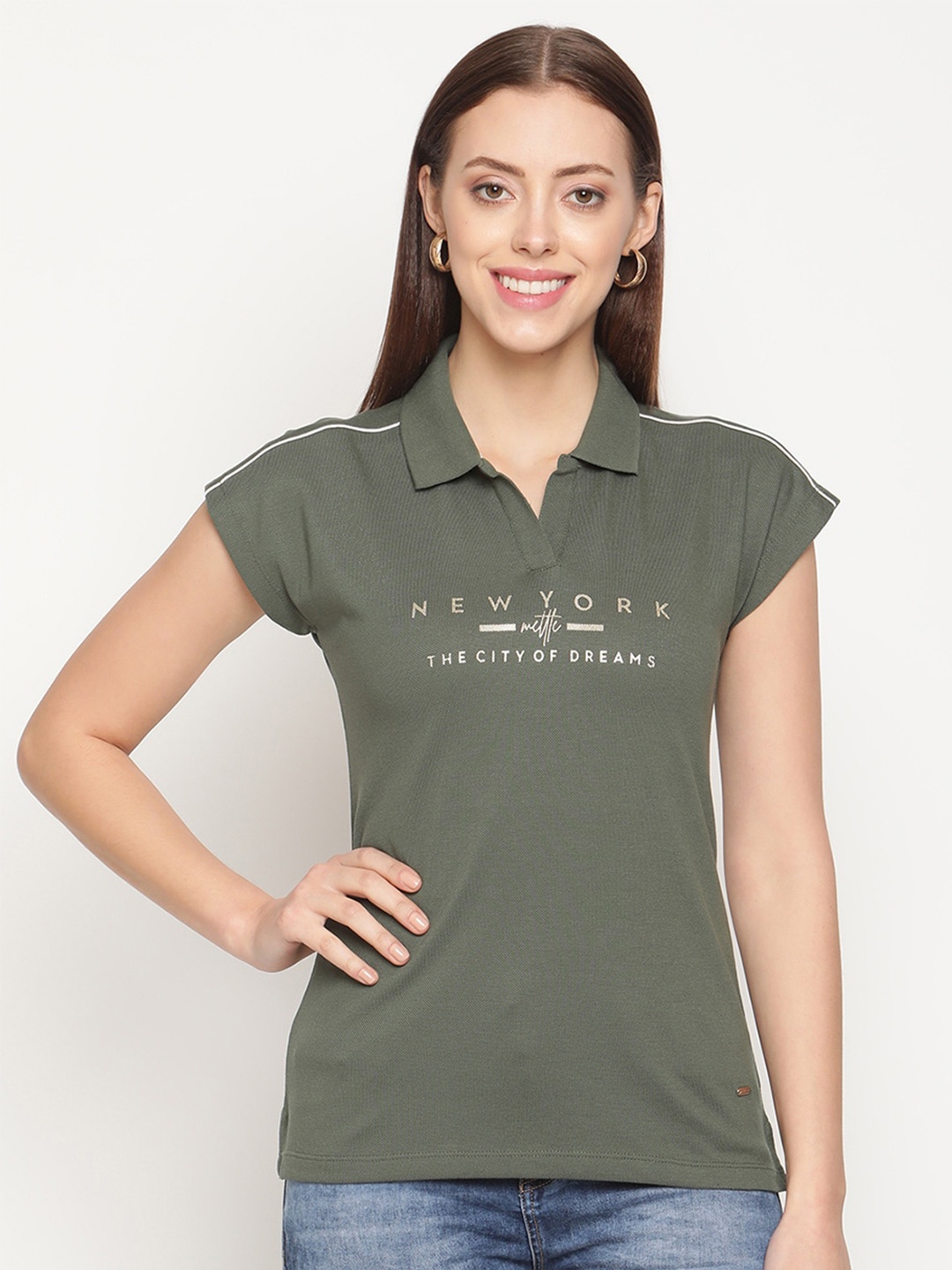 

METTLE Women Olive Green Typography Printed Polo Collar Extended Sleeves Cotton T-shirt