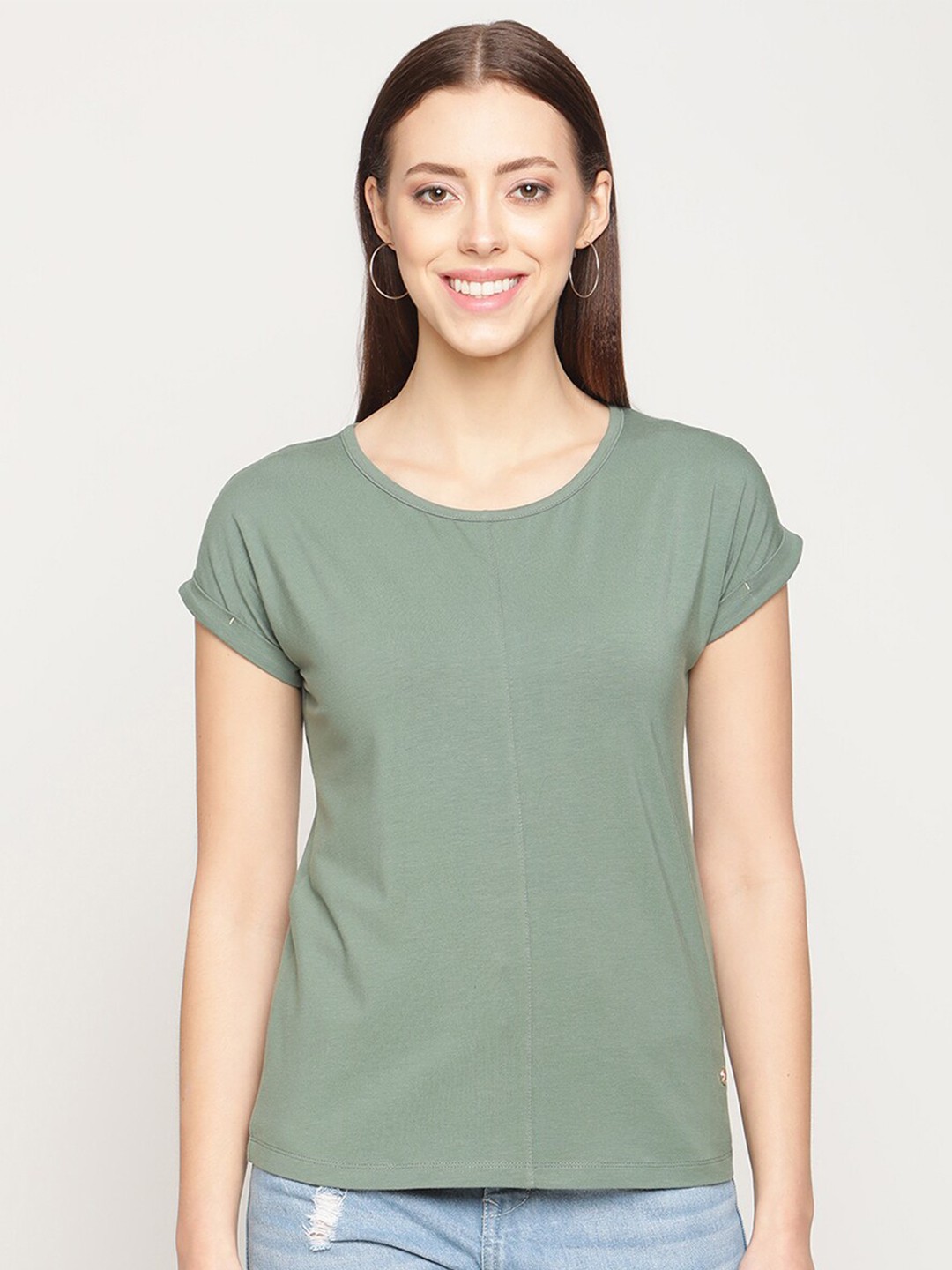 

METTLE Women Olive Green Solid Extended Sleeves Cotton T-shirt