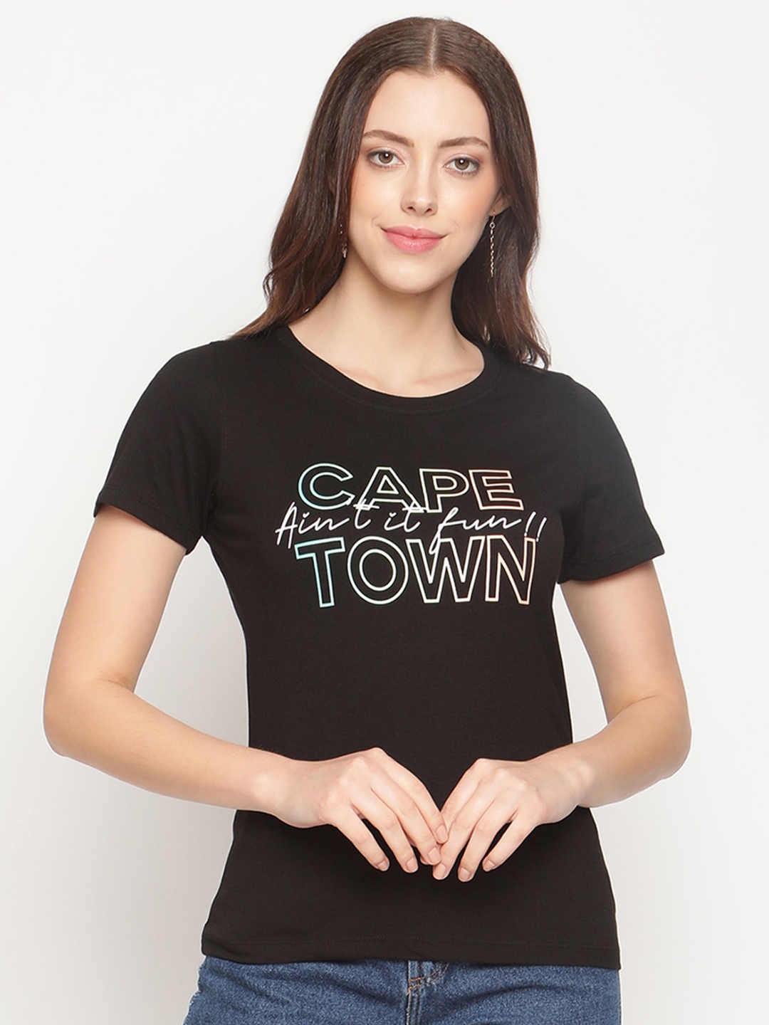 

METTLE Women Black Typography Printed Cotton T-shirt