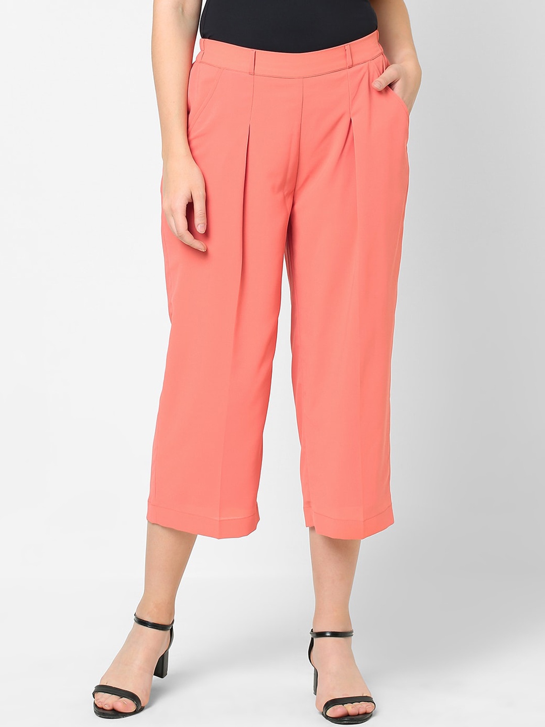 

MISH Women Peach-Coloured Solid Comfort Loose Fit Easy Wash Pleated Culottes Trousers