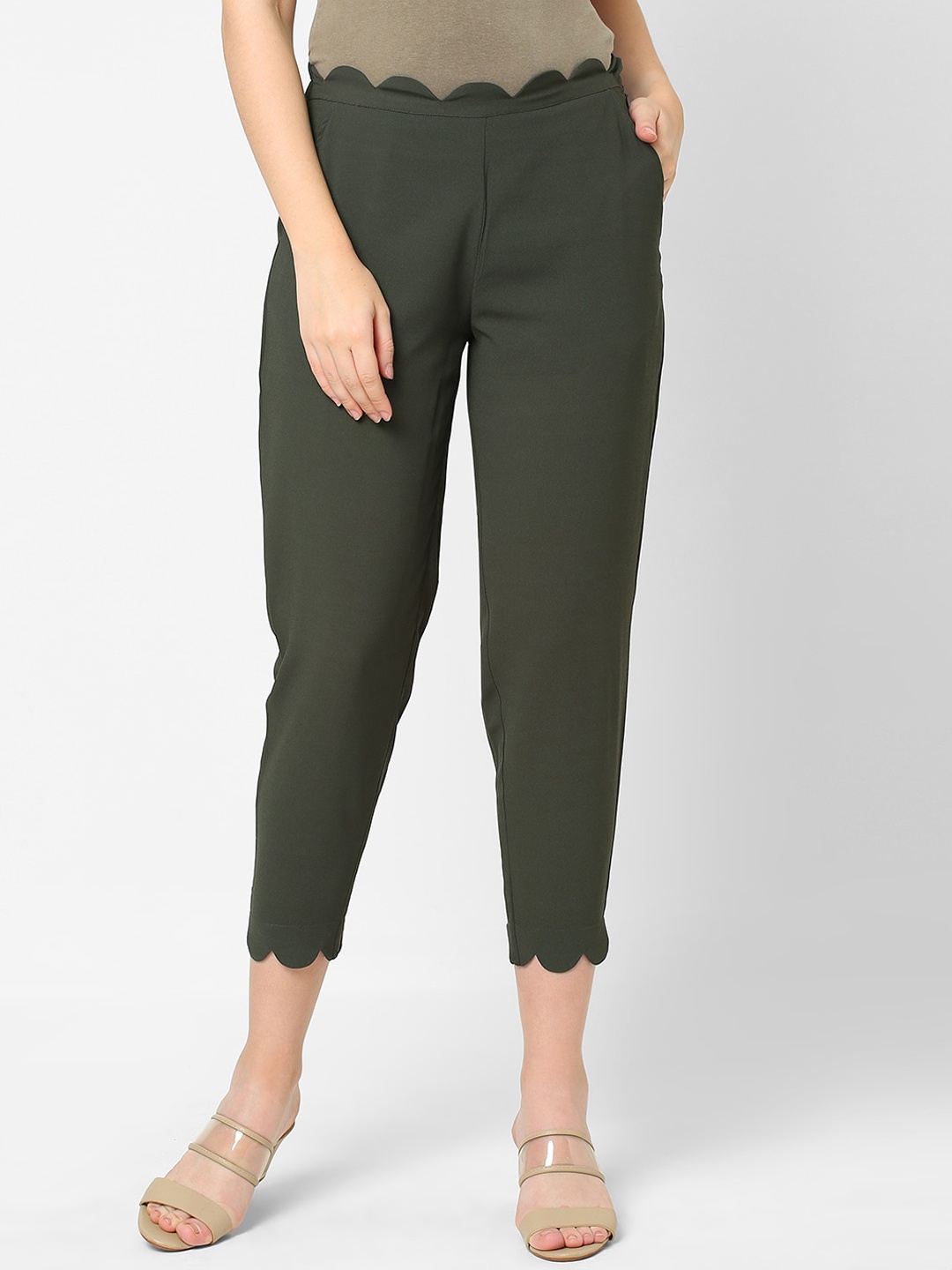 

MISH Women Olive Green Peg Leg Slim Fit Easy Wash Trousers