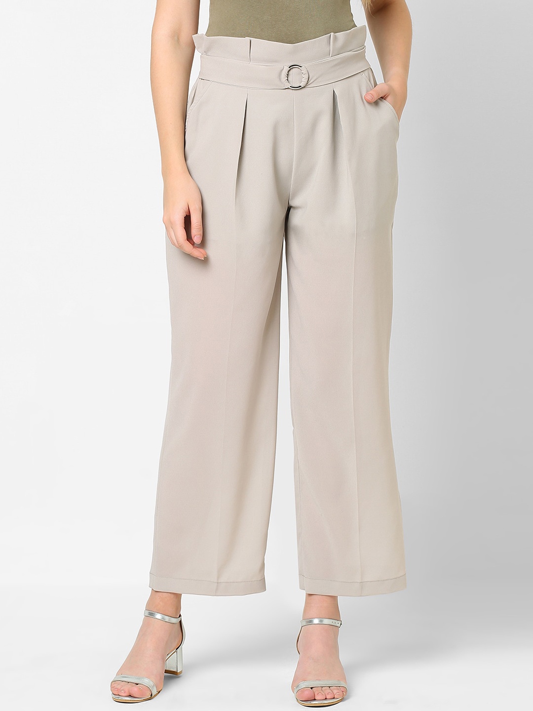 

MISH Women Off White Smart Tapered Fit Easy Wash Pleated Trousers