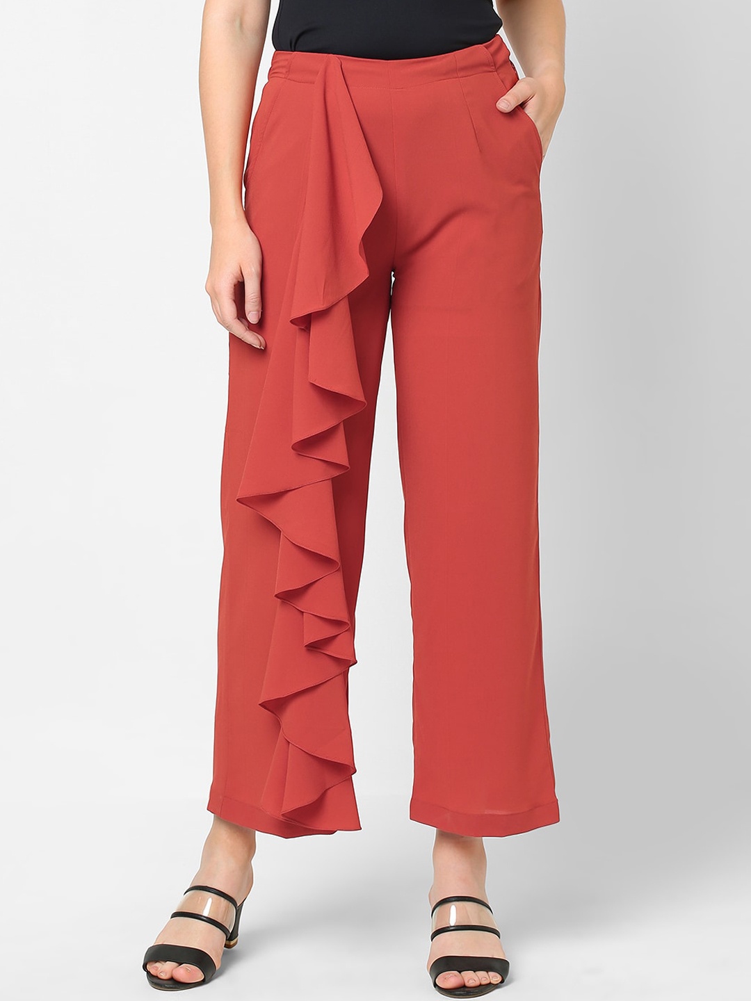 

MISH Women Rust Steele Super Flared Easy Wash Trousers