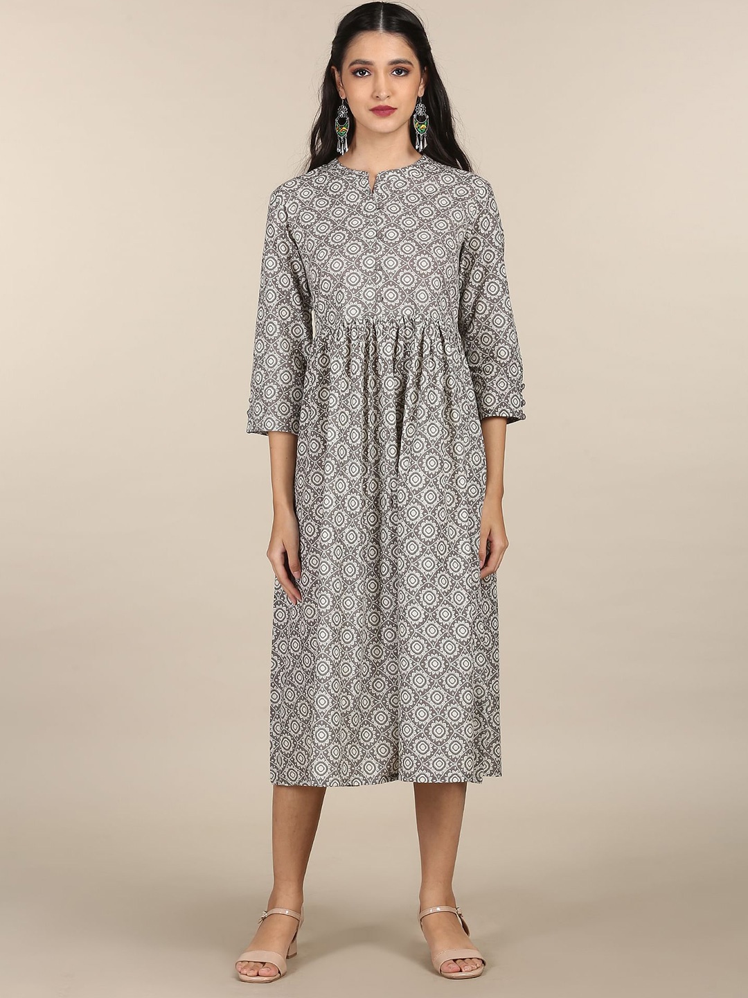 

Karigari Grey Ethnic Motifs Mandarin Collar Ethnic Cotton Midi Dress