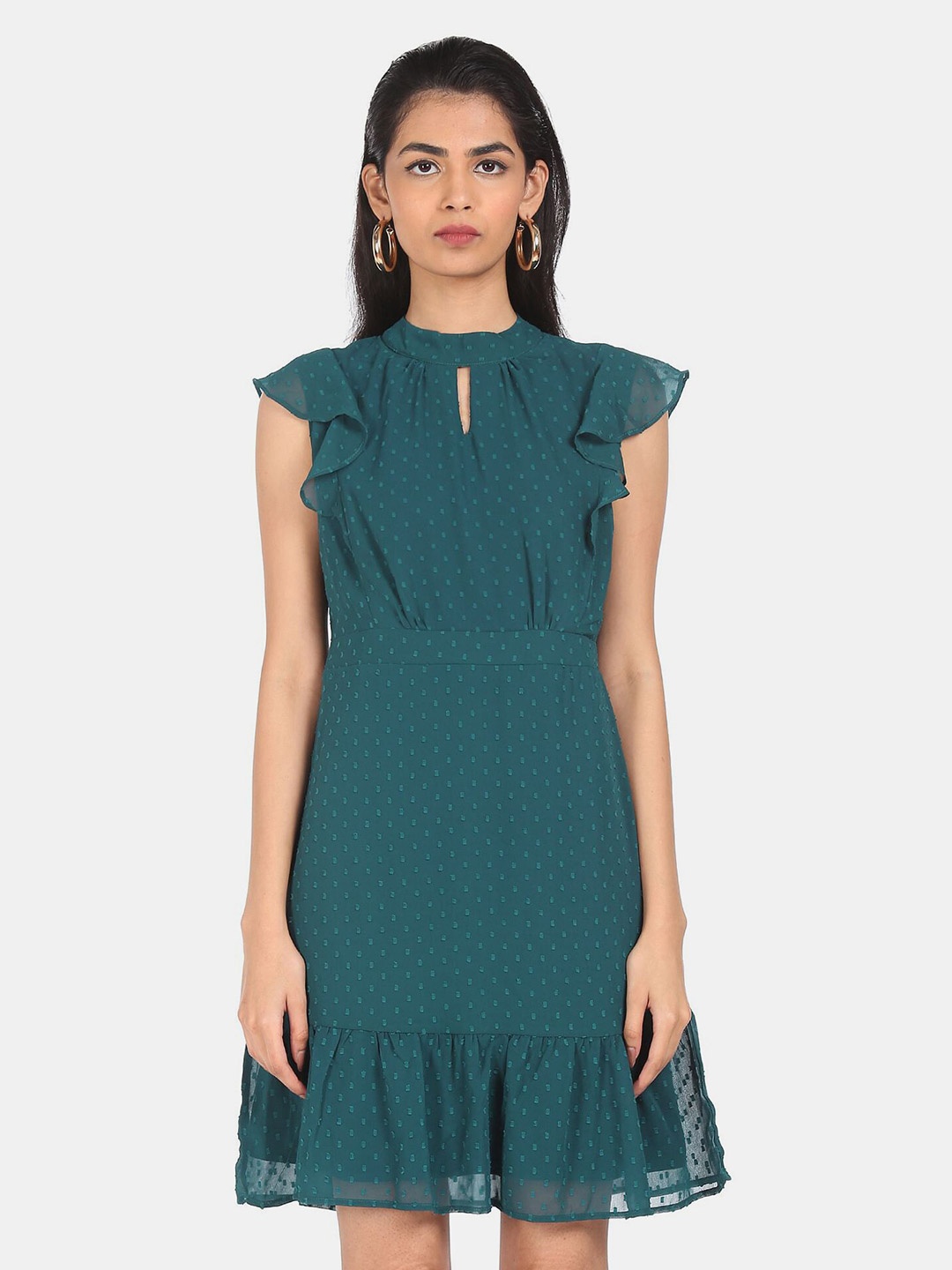 

SHFFL Teal Green Keyhole Neck Dobby Dress