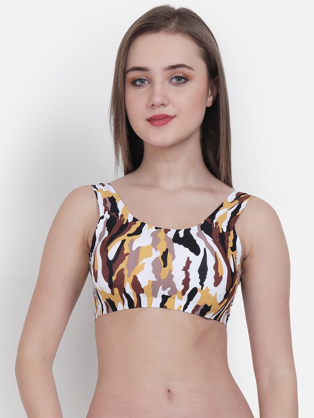 

Lebami White & Yellow Printed Non Wired Full Coverage Rapid Dry Workout Bra