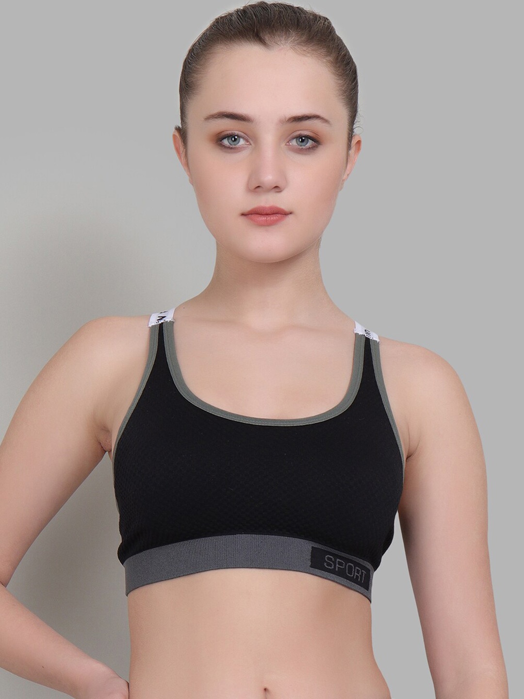 

Lebami Black & Grey Printed Non Wired Full Coverage Rapid Dry Workout Bra