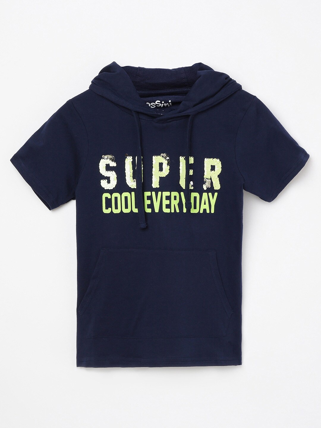 

Bossini Boys Navy Blue & Green Typography Printed Hooded Pure Cotton T-shirt