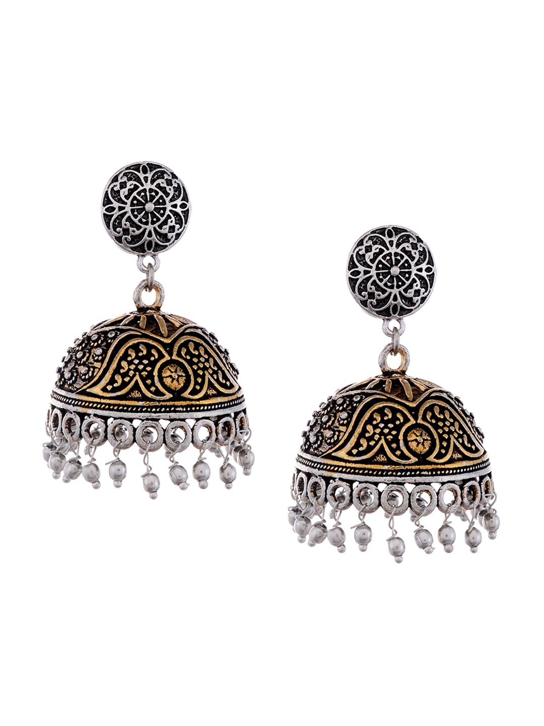 

Silvermerc Designs Oxidised Silver-Plated Gold-Toned Jhumkas Earrings