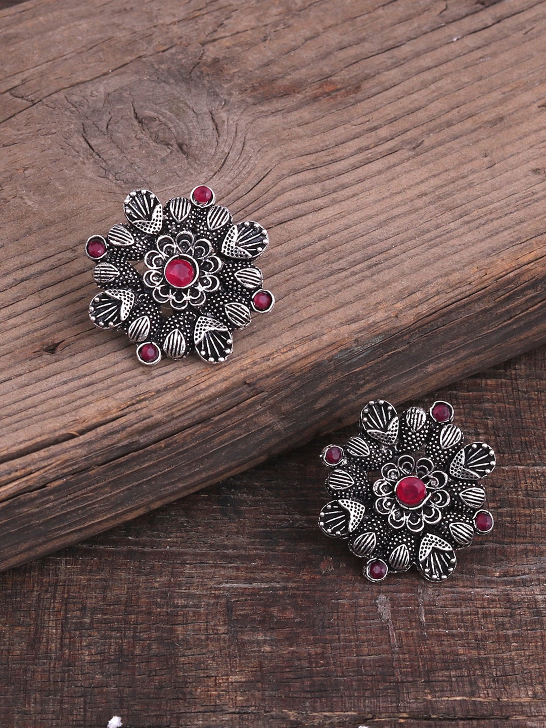 

Silvermerc Designs Silver-Plated Pink Floral Oxidised Studs Earrings