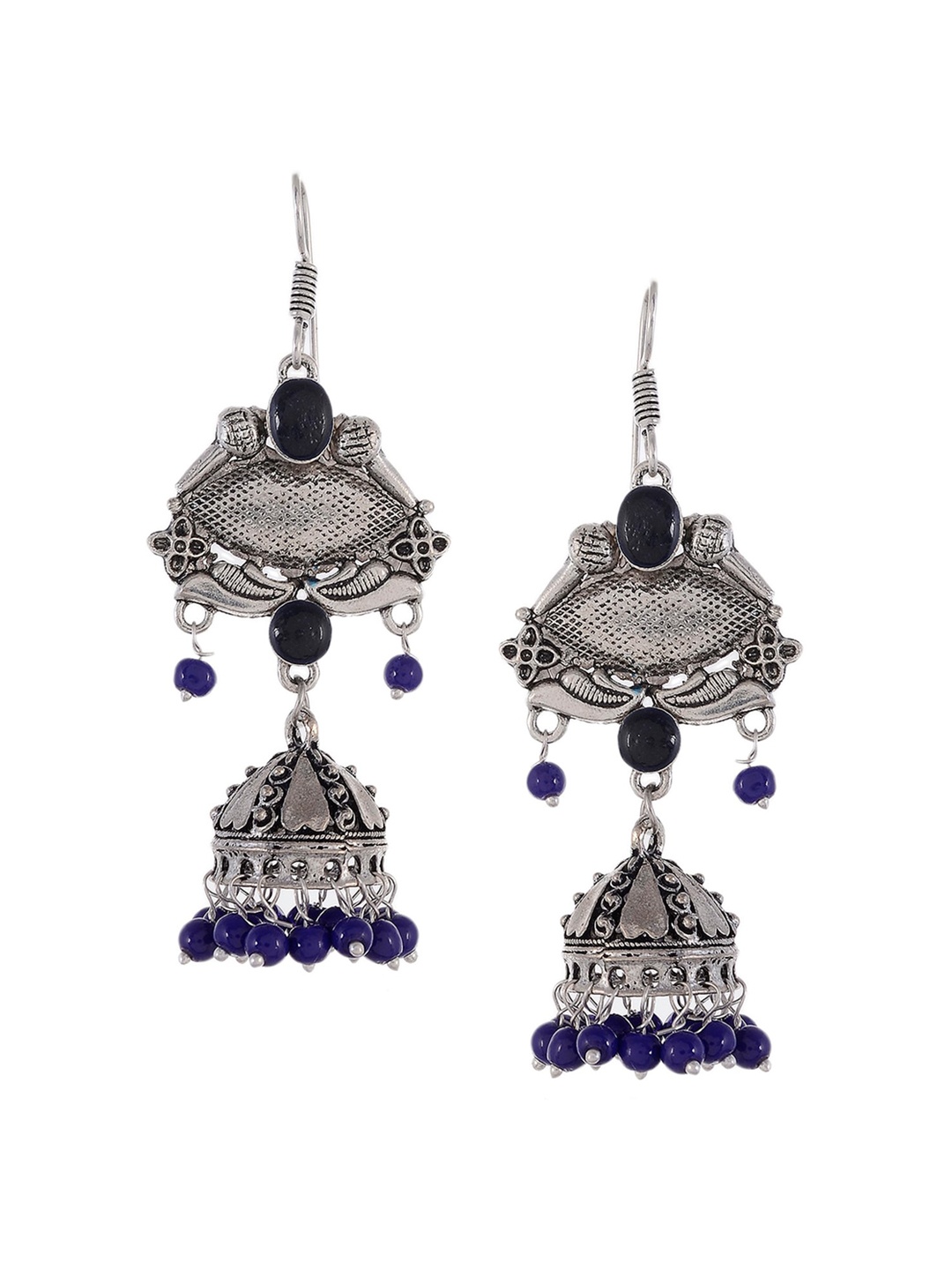 

Silvermerc Designs Silver-Plated & Blue Oxidised Dome Shaped Jhumkas