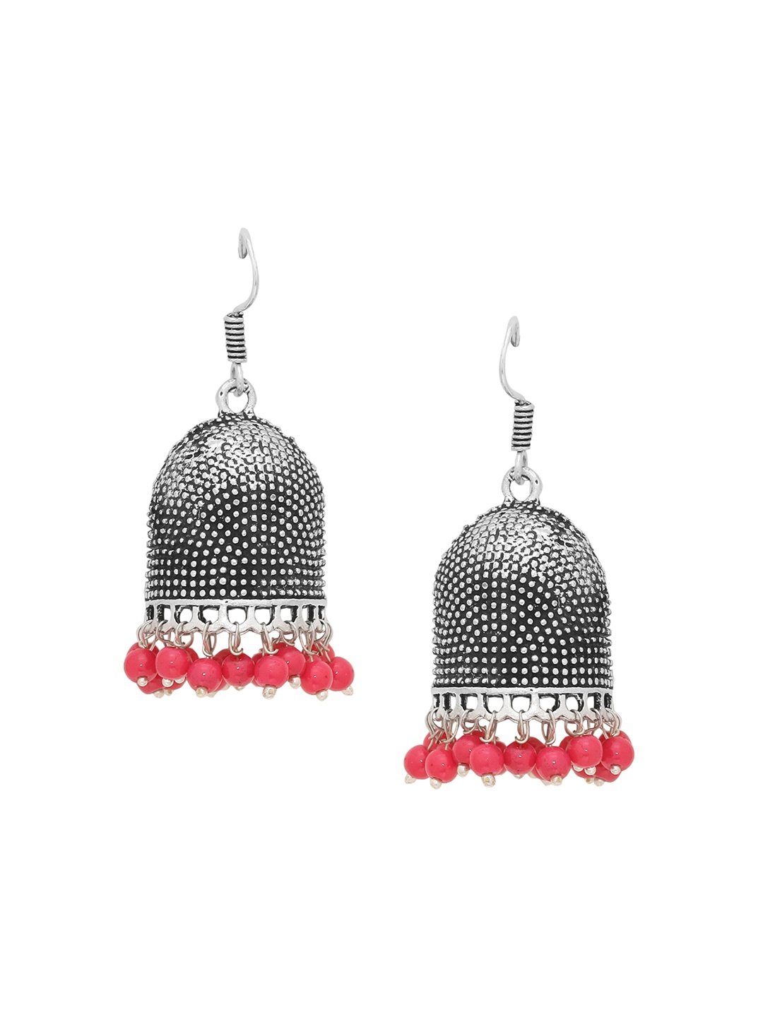

Silvermerc Designs Oxidised Silver-Plated Red Beaded Jhumkas Earrings
