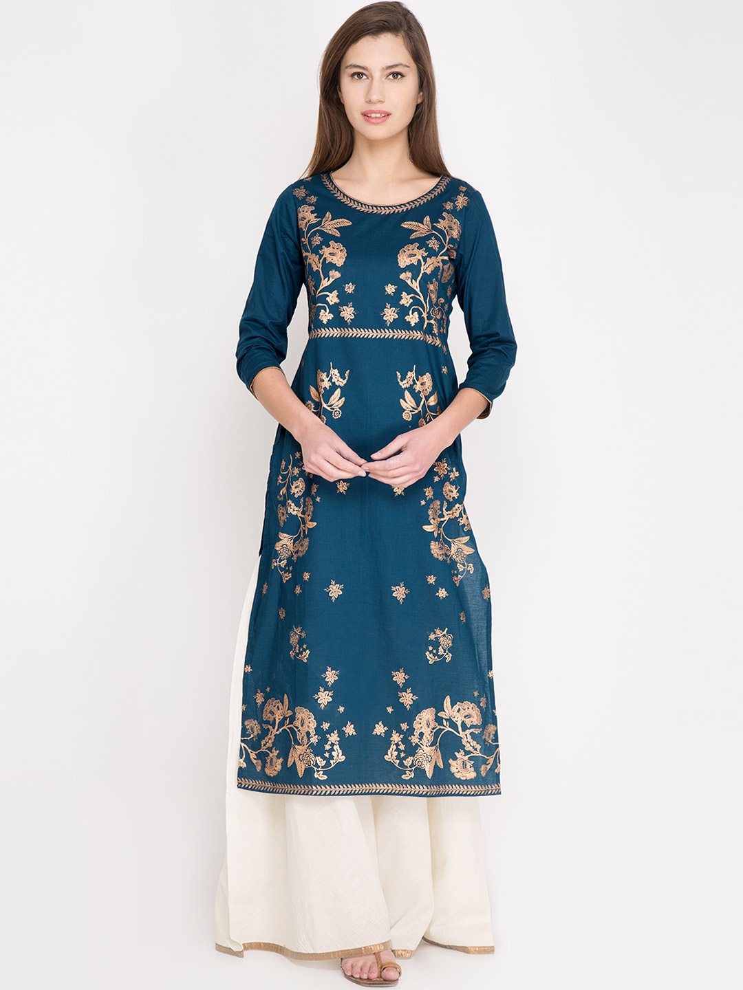 

Vishudh Women Teal Blue Printed Straight Kurta