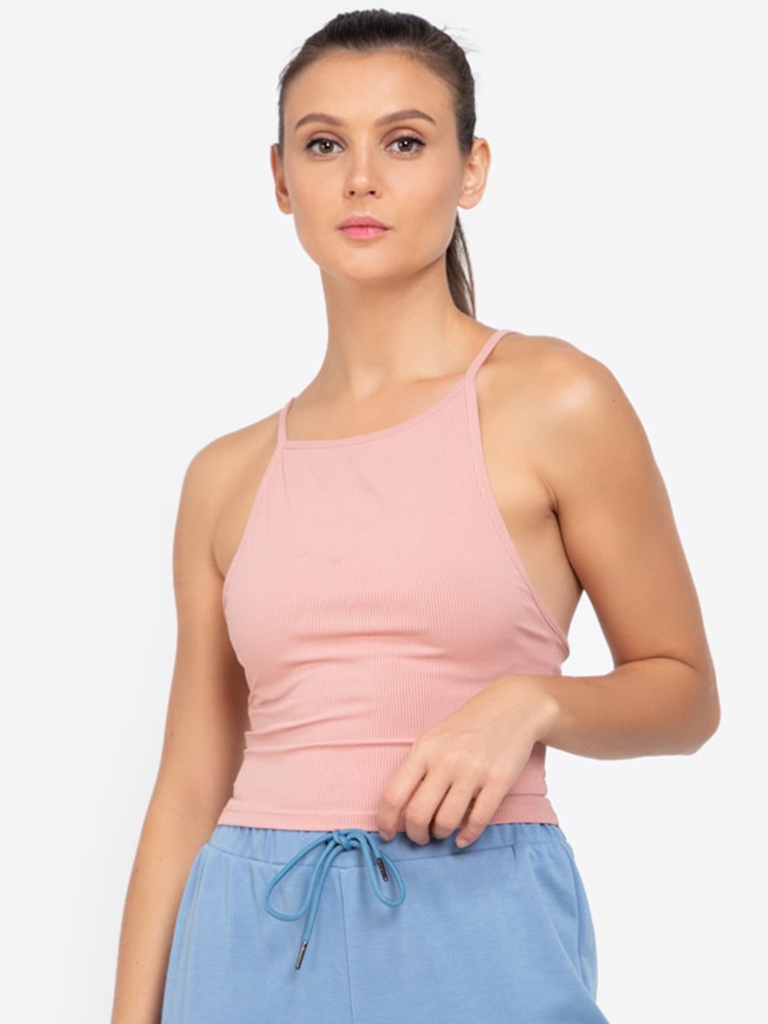 

ZALORA ACTIVE Pink Ribbed Lower Back Fitted Crop Top
