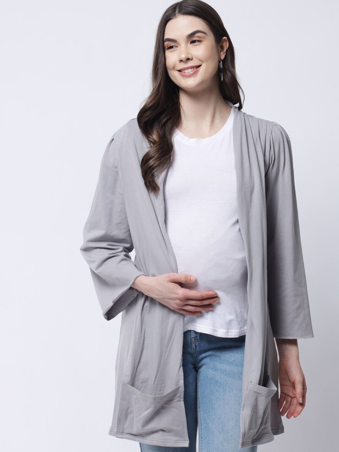 

The Vanca Women Grey Maternity Longline Cotton Open Front Shrug