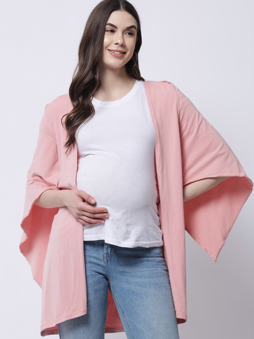 

The Vanca Women Pink Maternity Longline Cotton Shrug