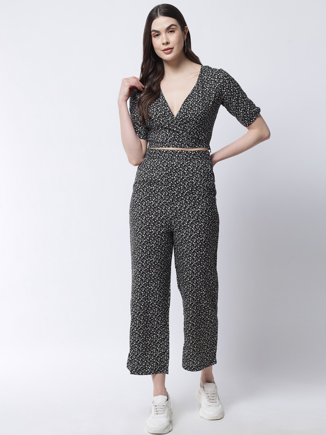 

The Vanca Women Black & Off White Printed Crop Top with Trousers