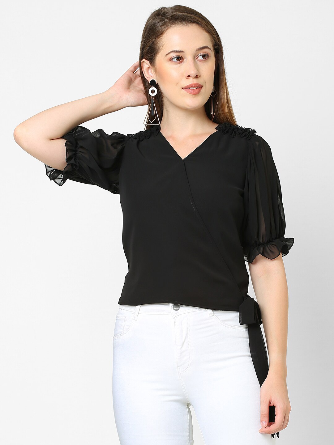 

MISH Women Black Ruffles Georgette Wrap Top