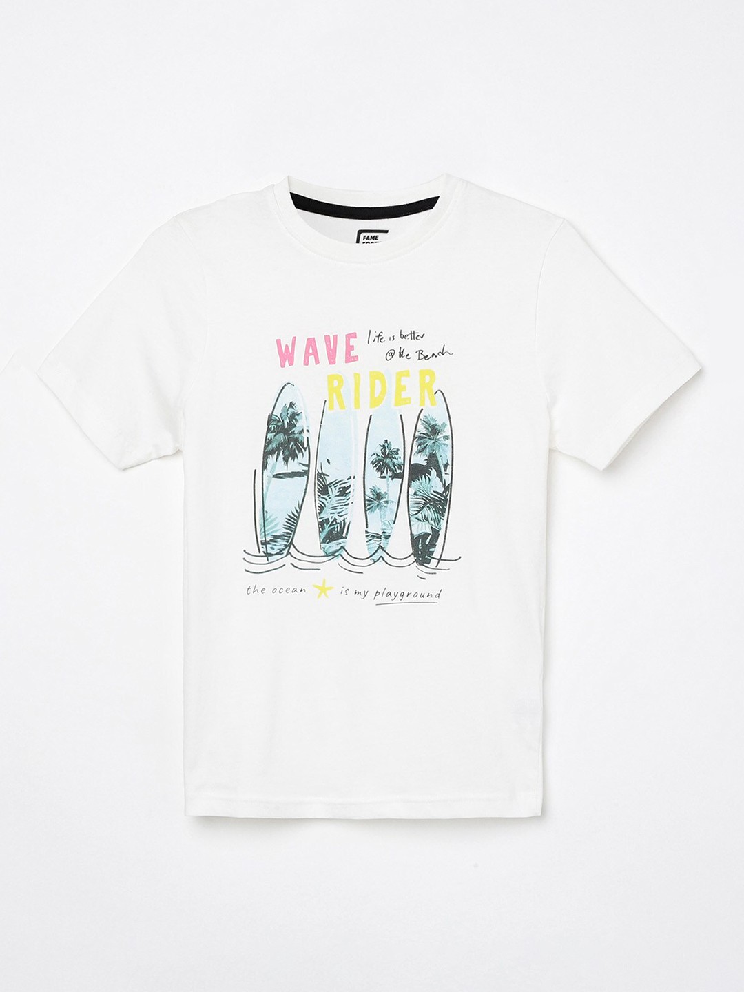 

Fame Forever by Lifestyle Boys White & Green Printed Tropical Pure Cotton T-shirt