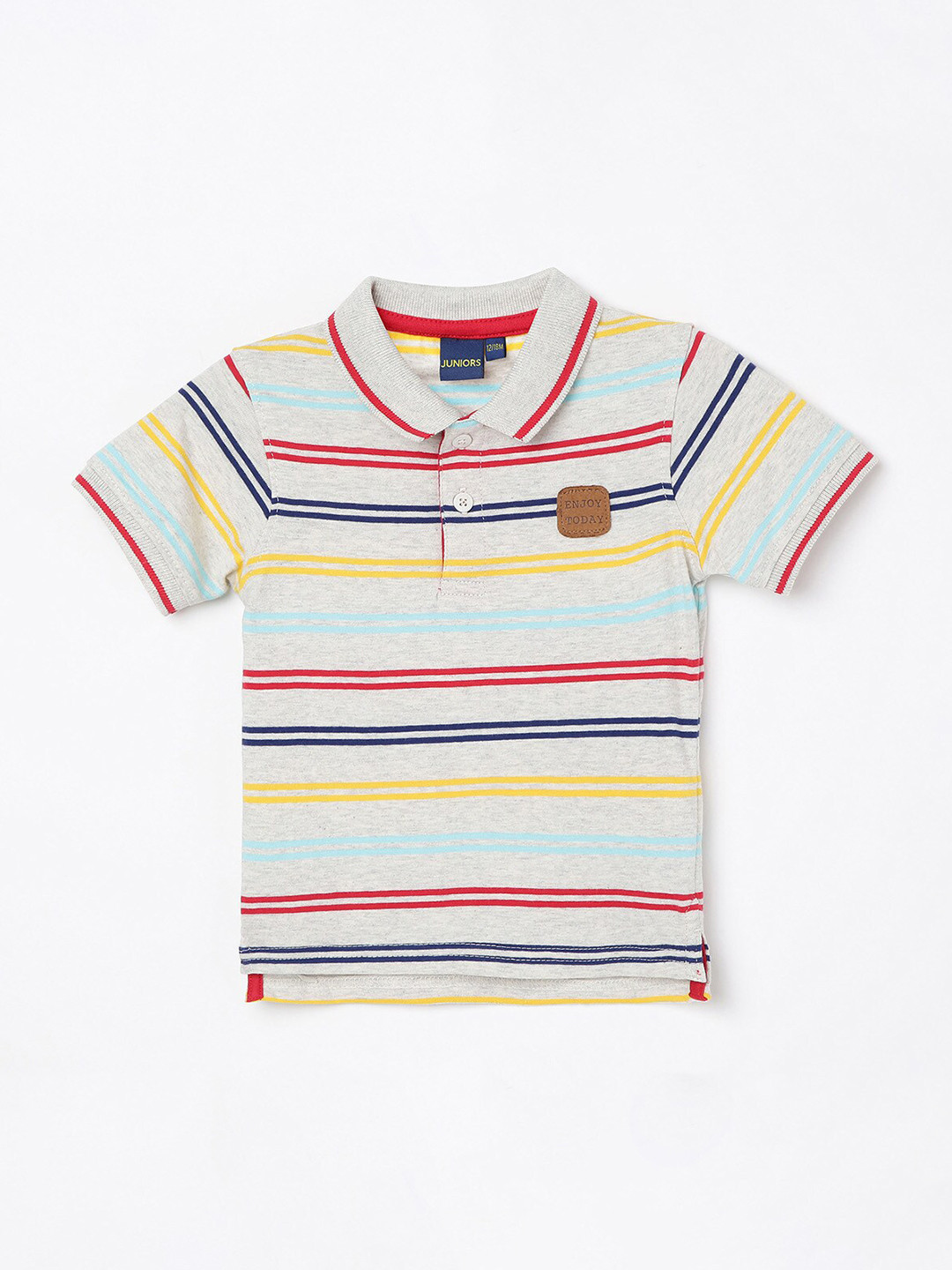 

Juniors Boys Grey & Multicoloured Striped Polo Collar T-shirt