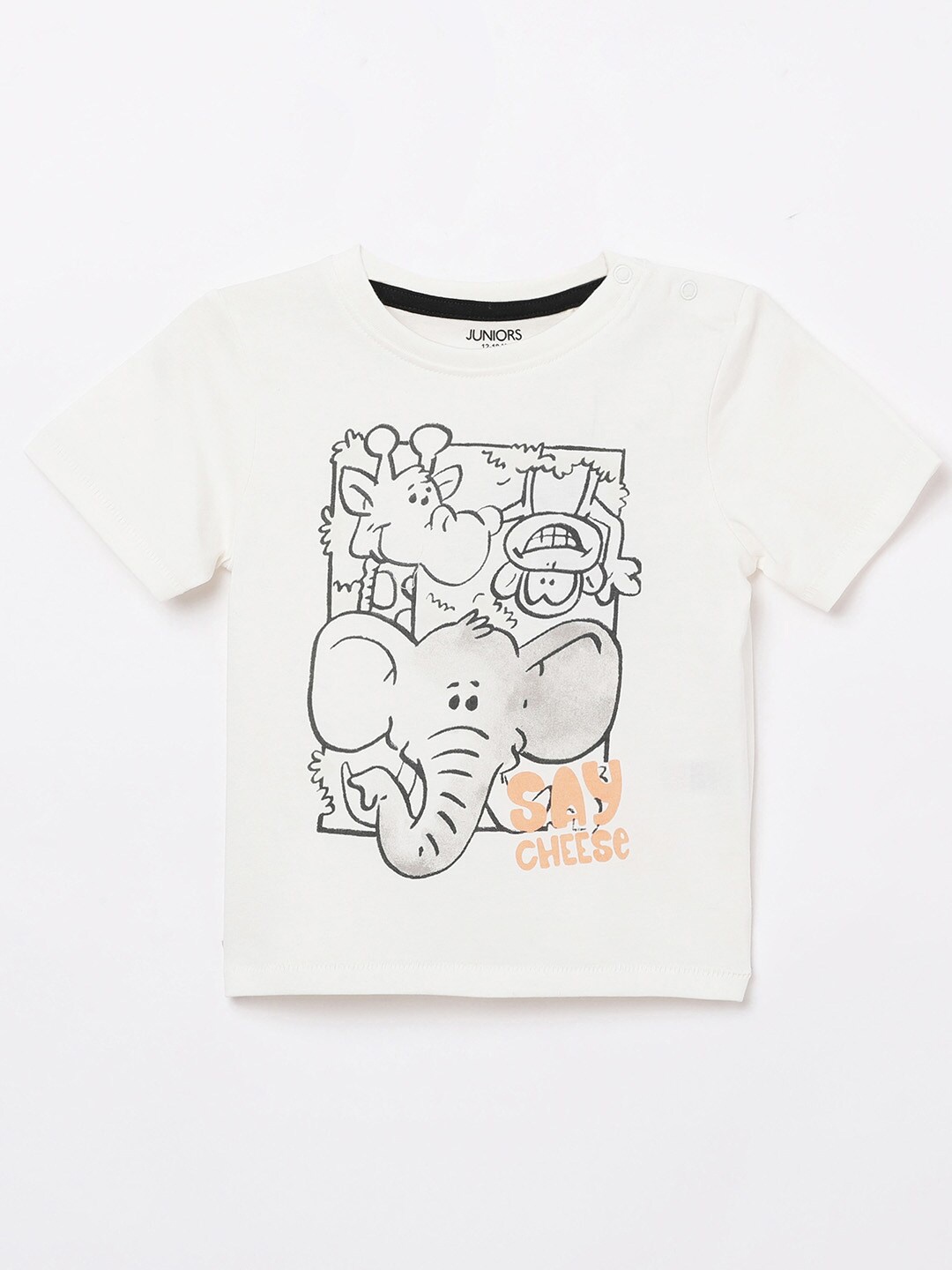

Juniors Boys White & Black Printed Pure Cotton T-shirt