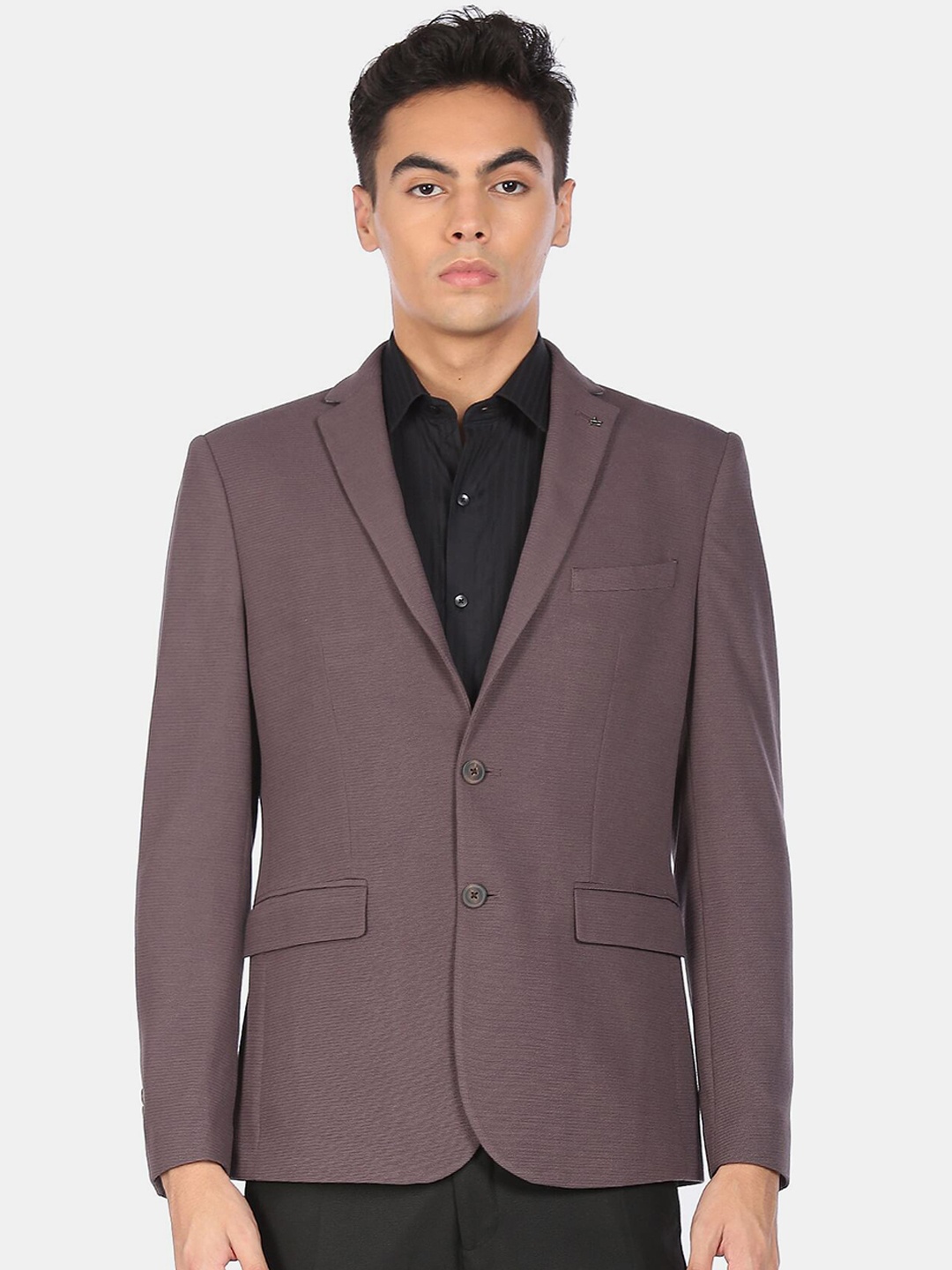 

Arrow Men Taupe Solid Slim Fit Single Breasted Textured Formal Blazer