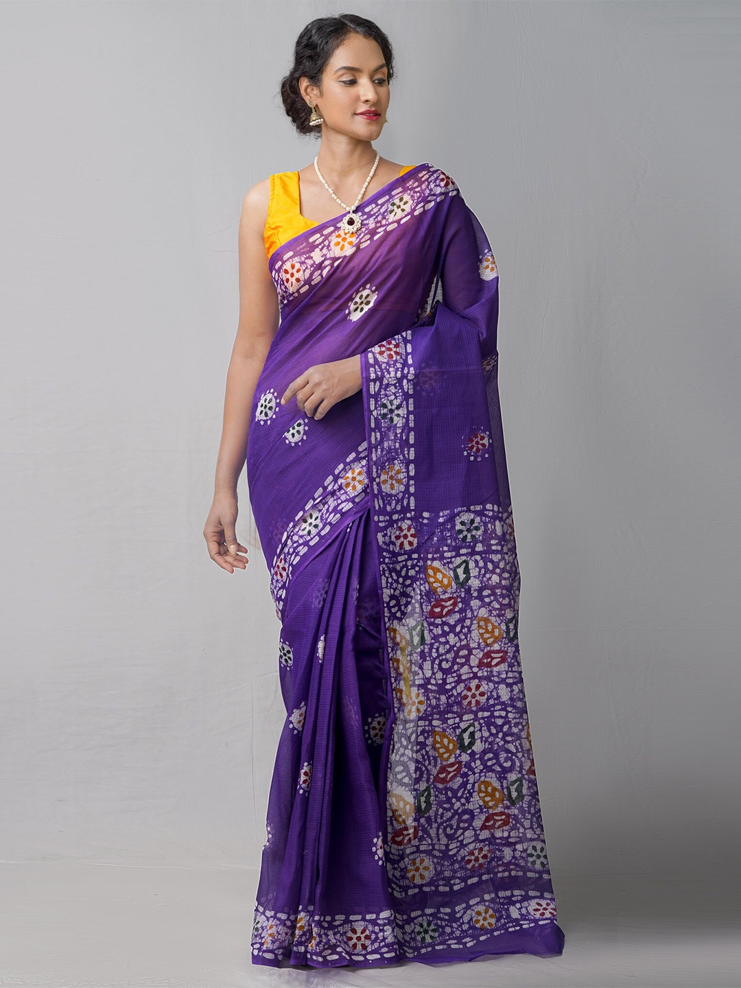 

Unnati Silks Violet & Red Batik Pure Cotton Kota Saree