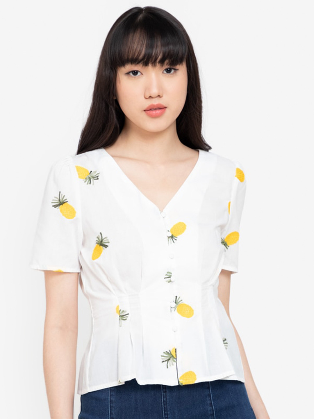 

ZALORA BASICS White & Yellow Pure Cotton Print Puff Sleeve Top