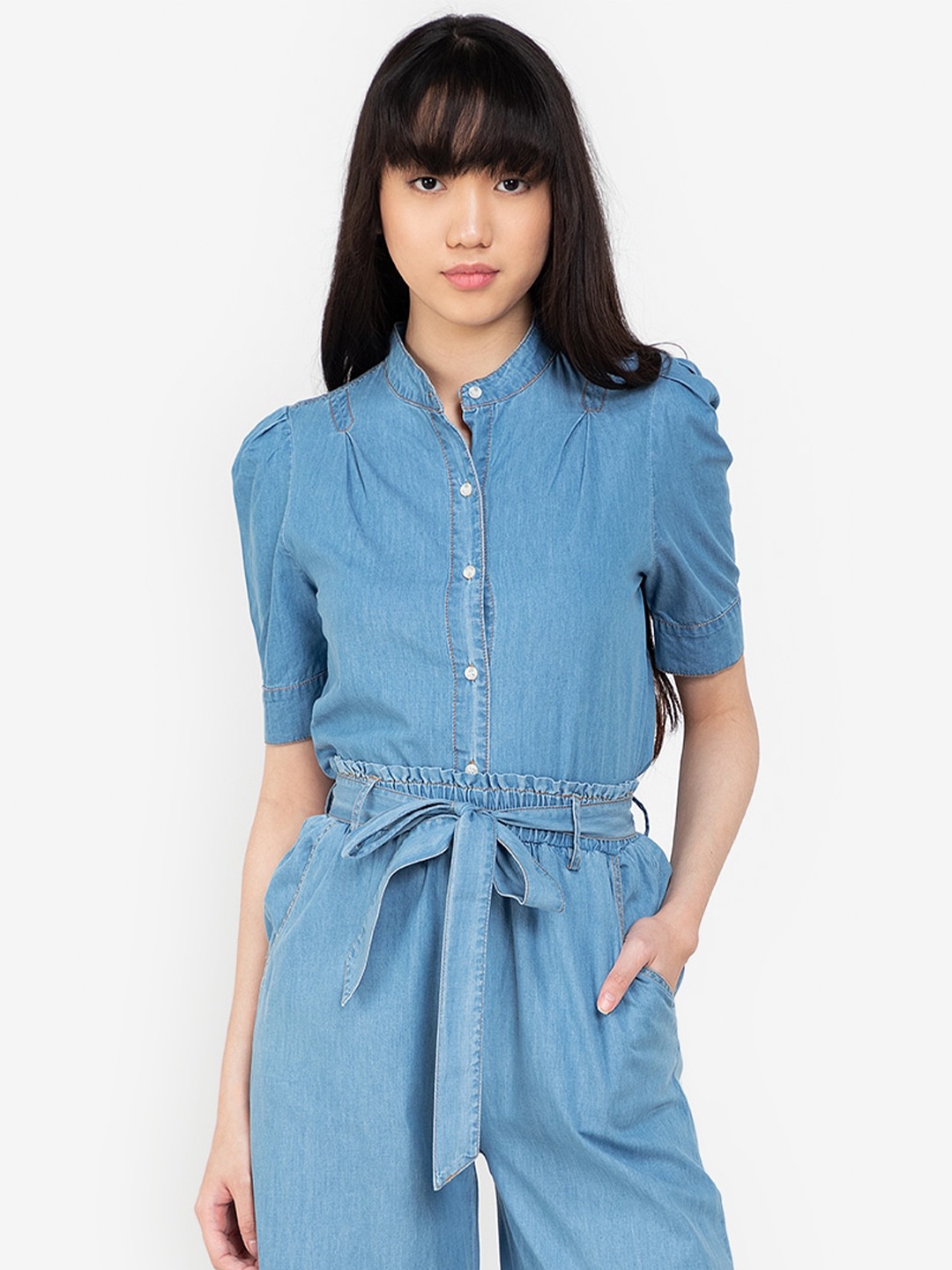 

ZALORA BASICS Blue Mandarin Collar Shirt Style Top