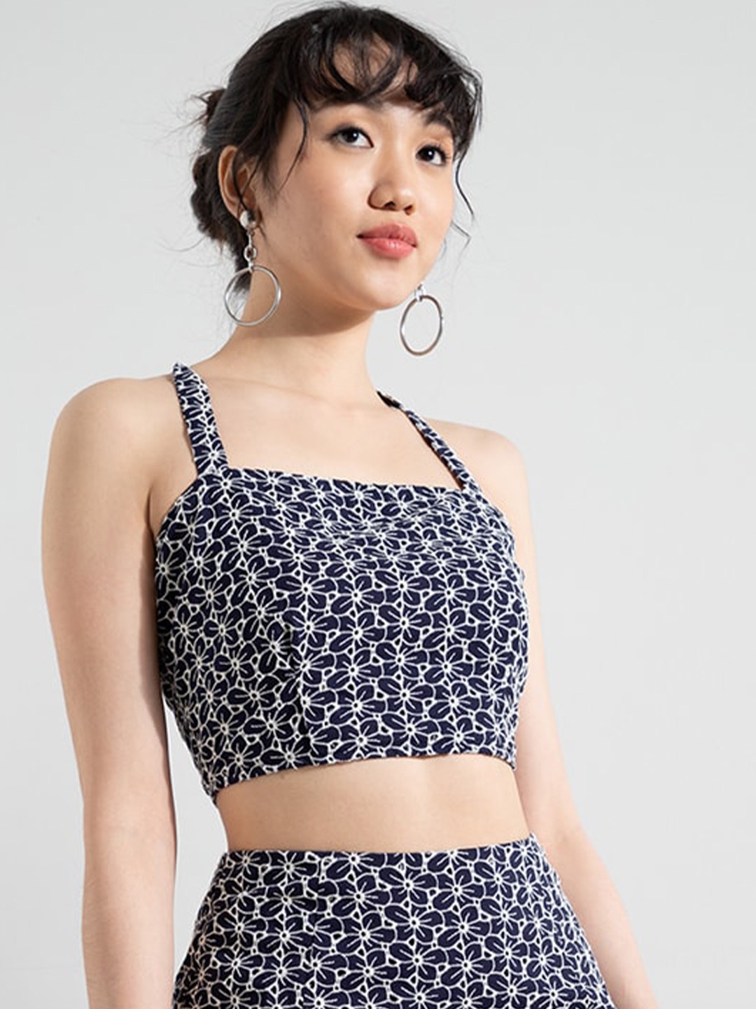 

ZALORA OCCASION Navy Blue Printed Cross Over Back Pure Cotton Bralette Top