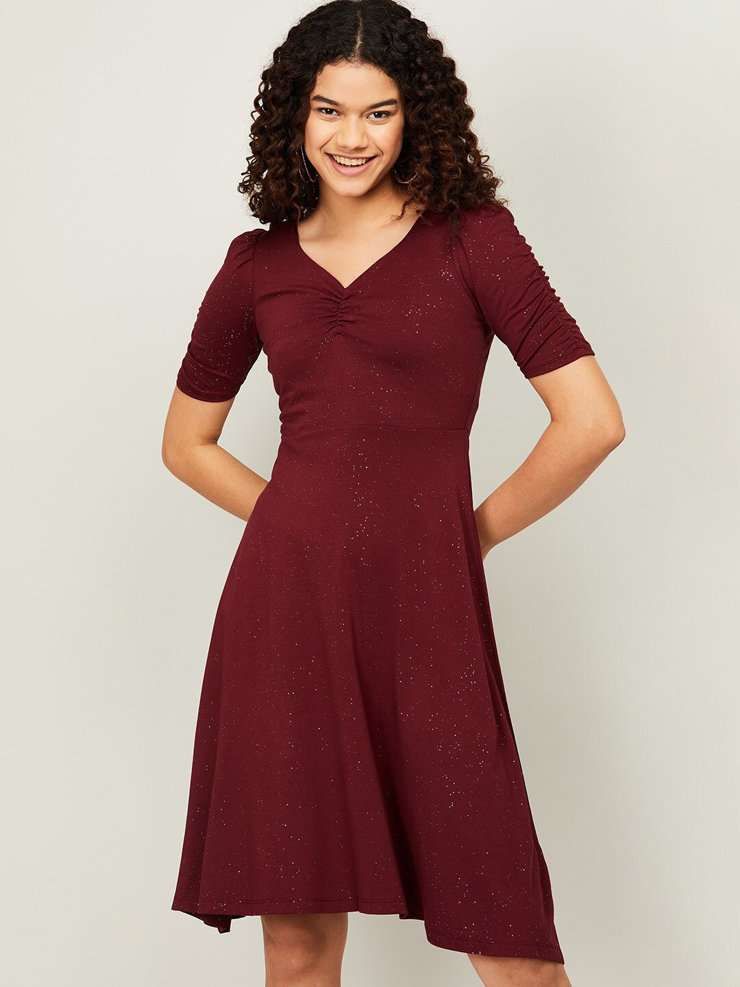 

CODE by Lifestyle Burgundy Embellished Puff Sleeves Ruched Fit & Flare Dress