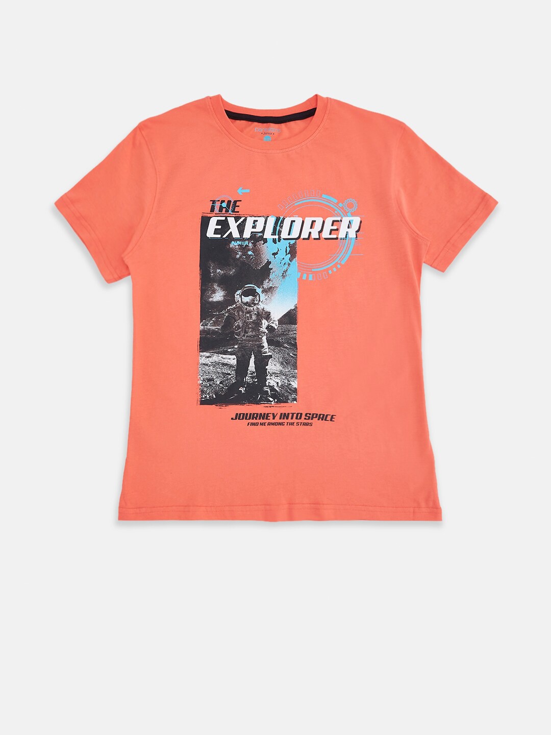 

Pantaloons Junior Boys Orange & Black Printed Pure Cotton T-shirt