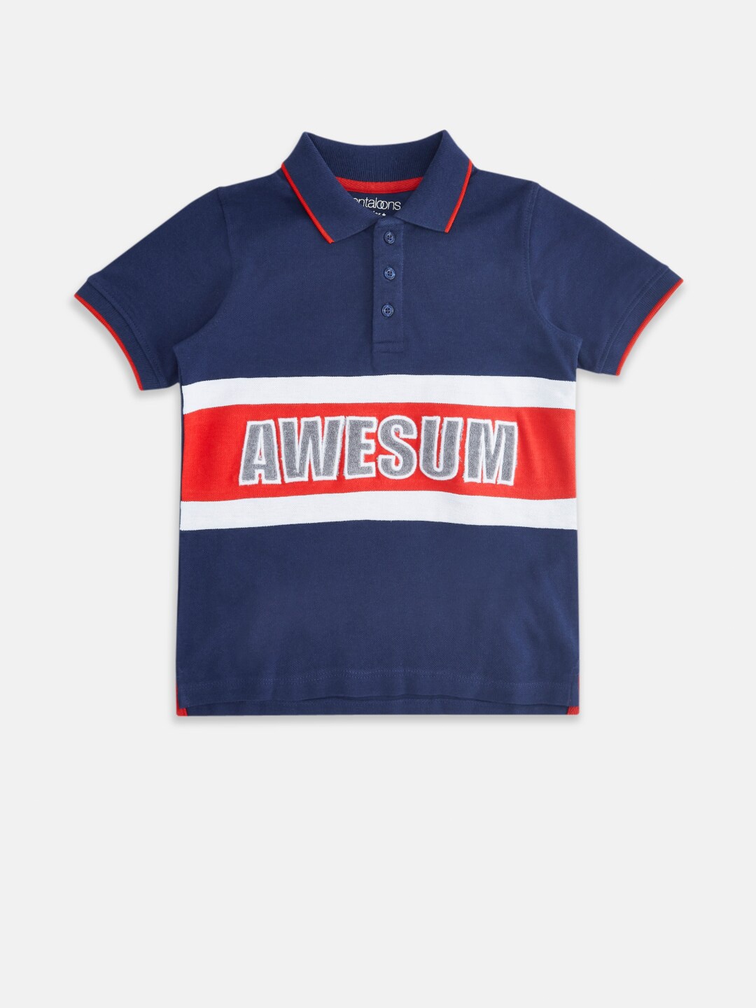 

Pantaloons Junior Boys Navy Blue Typography Printed Pure Cotton Polo Collar T-shirt