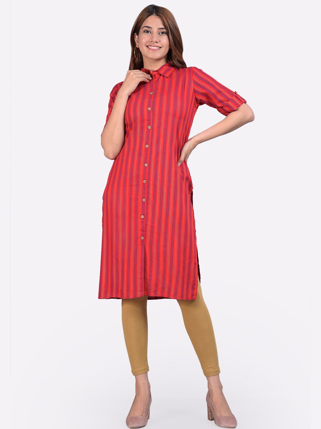 

Glorious Women Red Striped Block Printed Straight Kurta