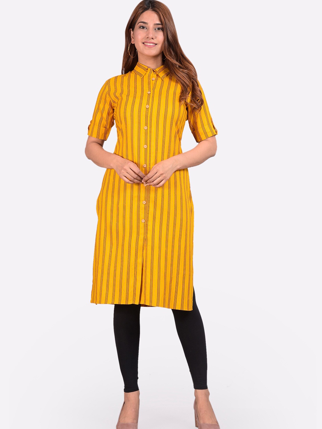 

Glorious Women Mustard Yellow Striped Block Print Straight Kurta