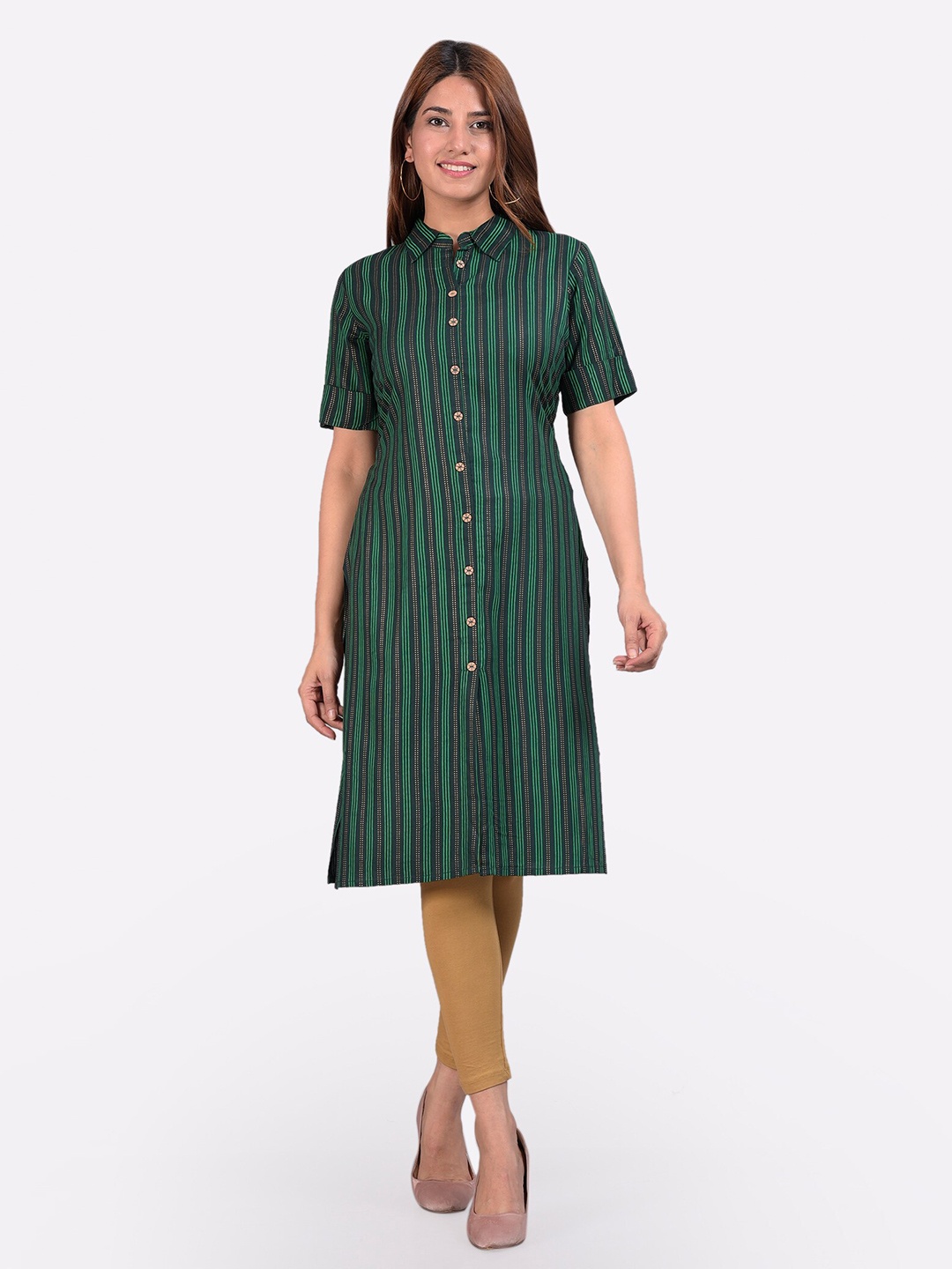 

Glorious Women Green Striped Block Print Straight Kurta