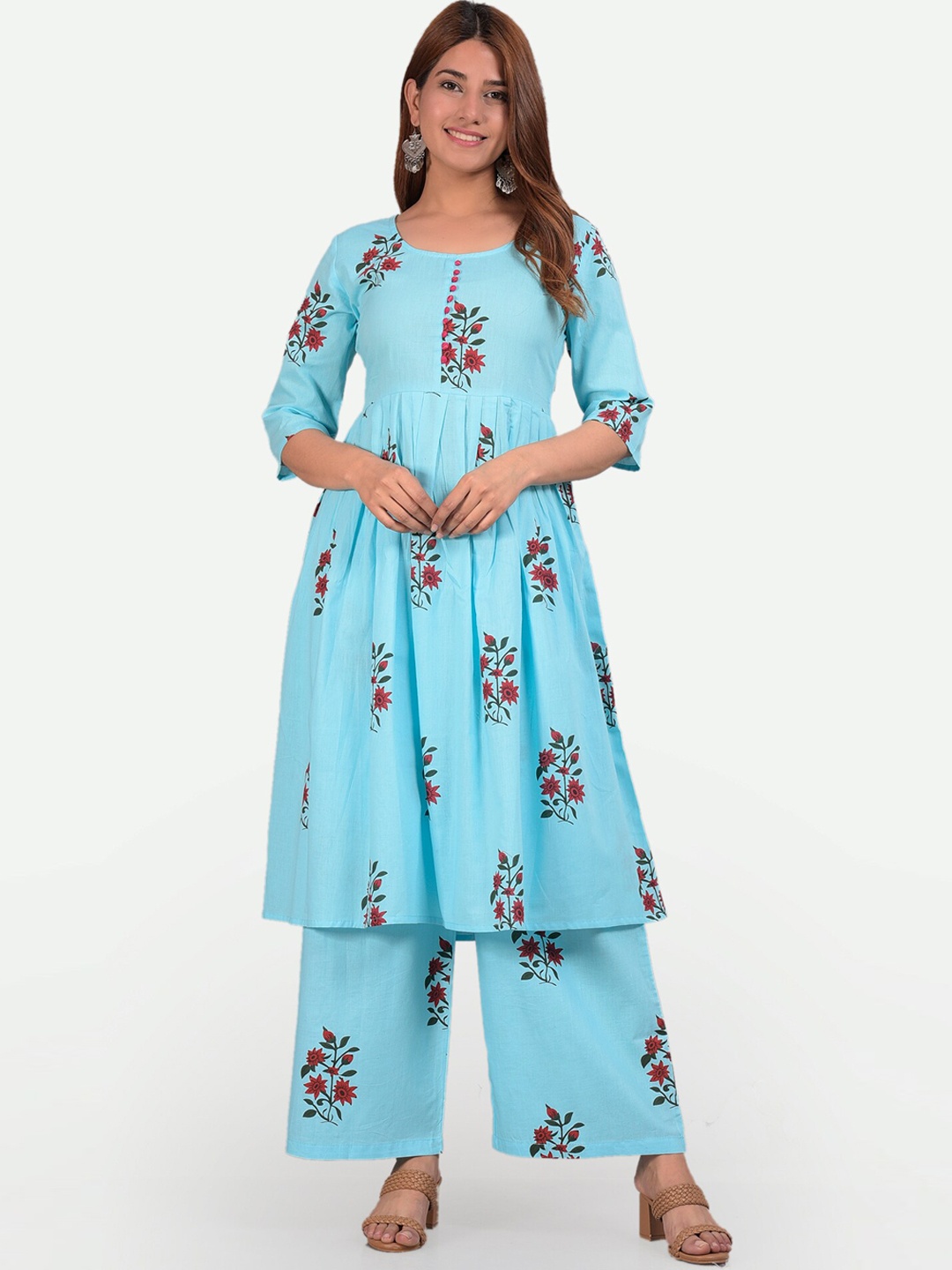 Glorious Women Blue Floral Printed A-line Pure Cotton Kurta with Palazzos