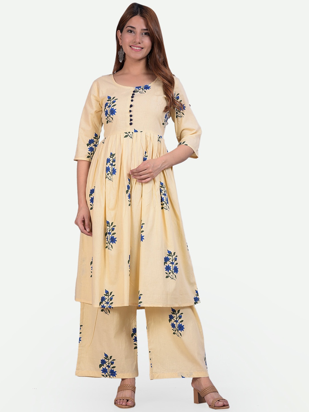 

Glorious Women Beige Floral Printed Pure Cotton A-line Kurta with Trousers