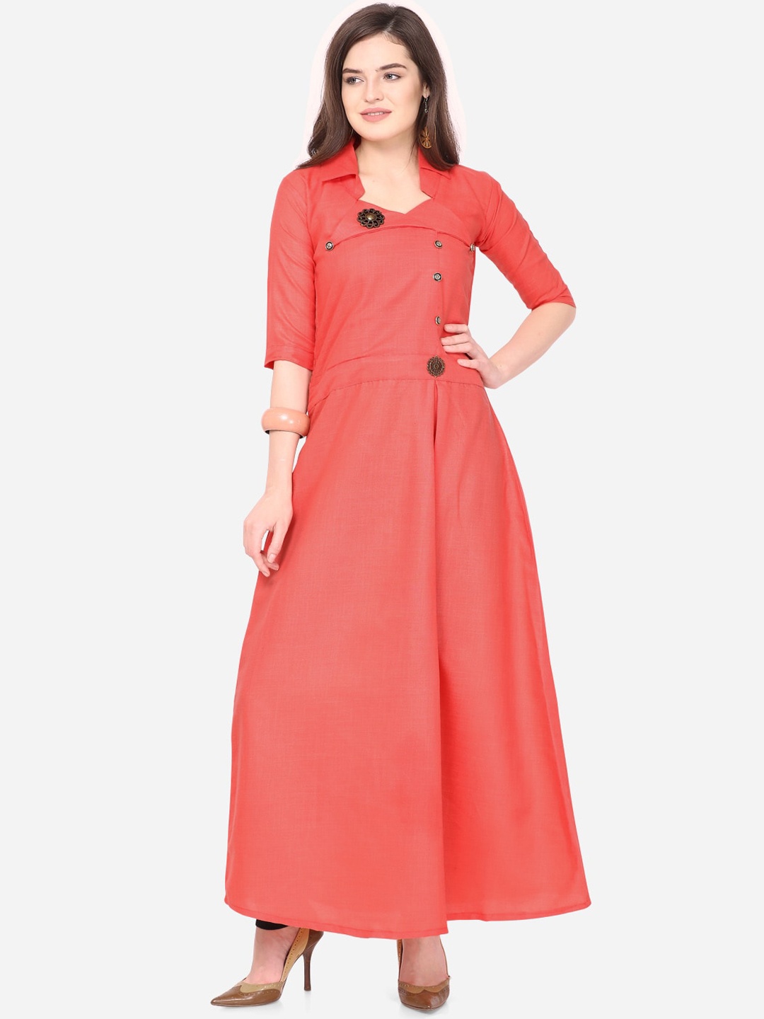 

KALINI Women Coral Pink Solid Cotton A-line Kurta