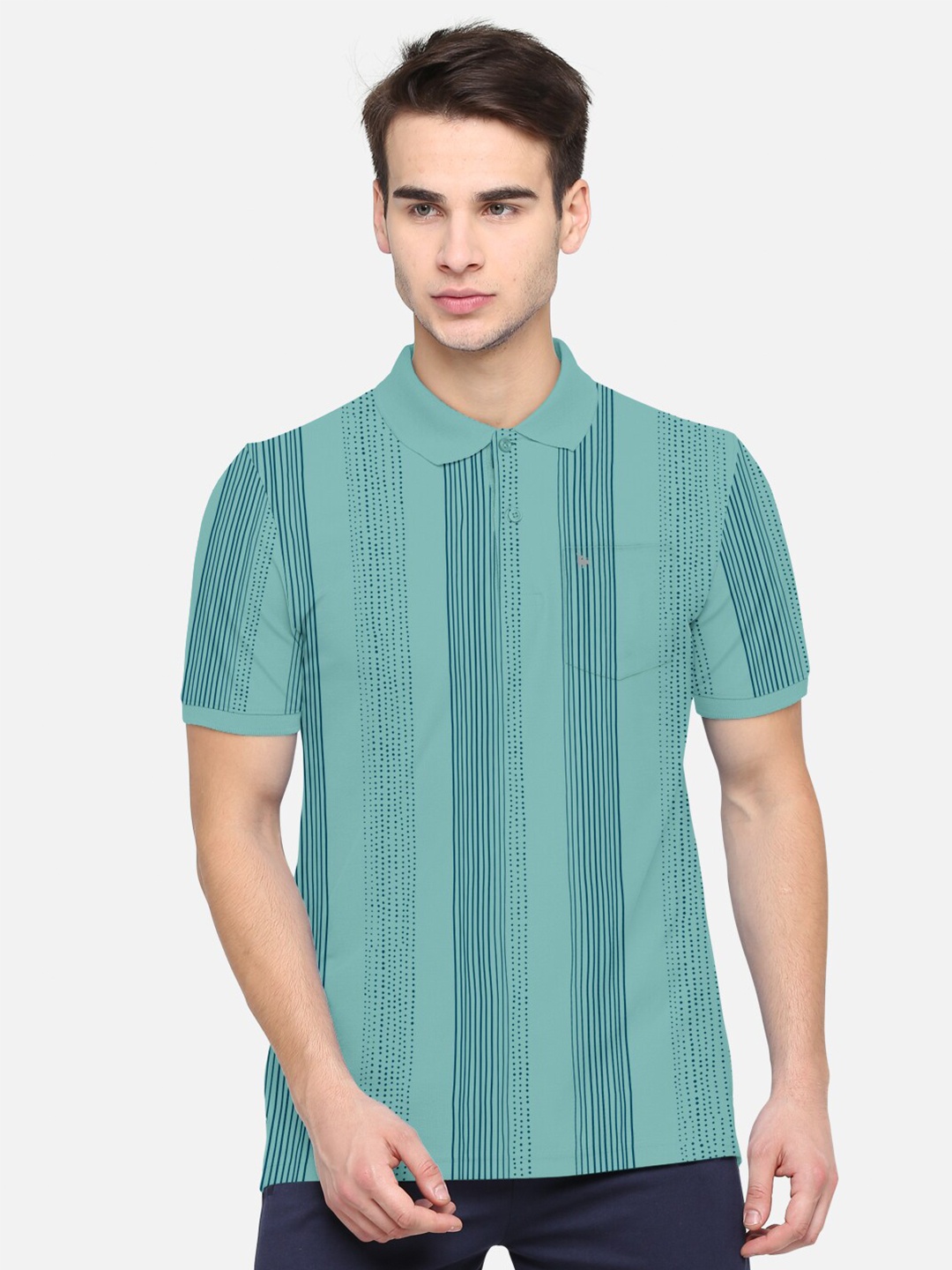 

BULLMER Men Green Striped Polo Collar Bio Finish Cotton T-shirt