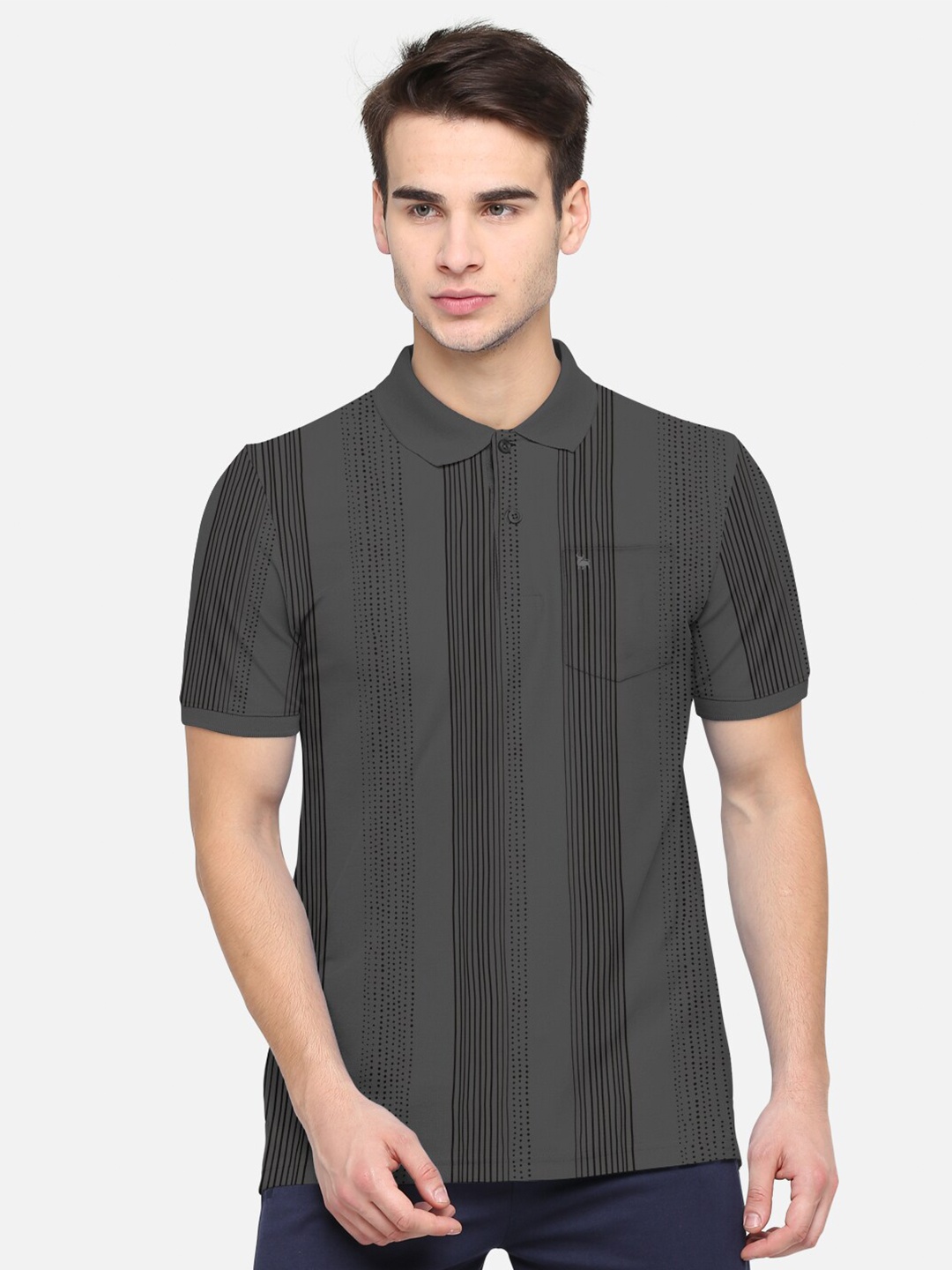 

BULLMER Men Charcoal Grey & Black Printed Polo Collar Bio Finish Cotton T-shirt