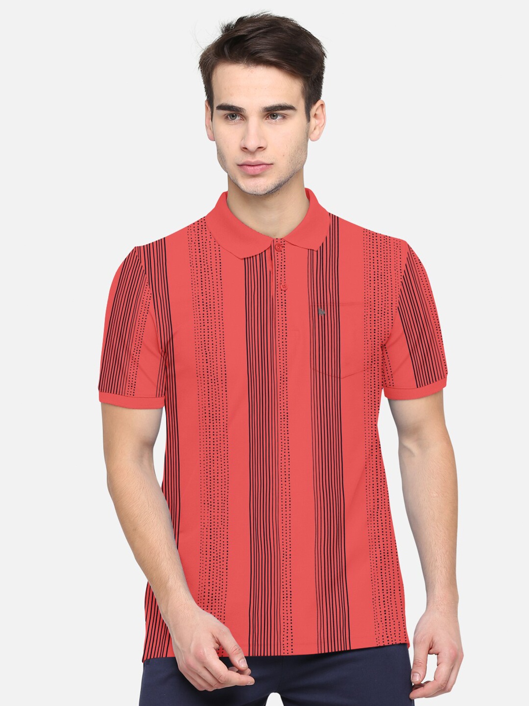 

BULLMER Men Coral Pink & Black Striped T-shirt