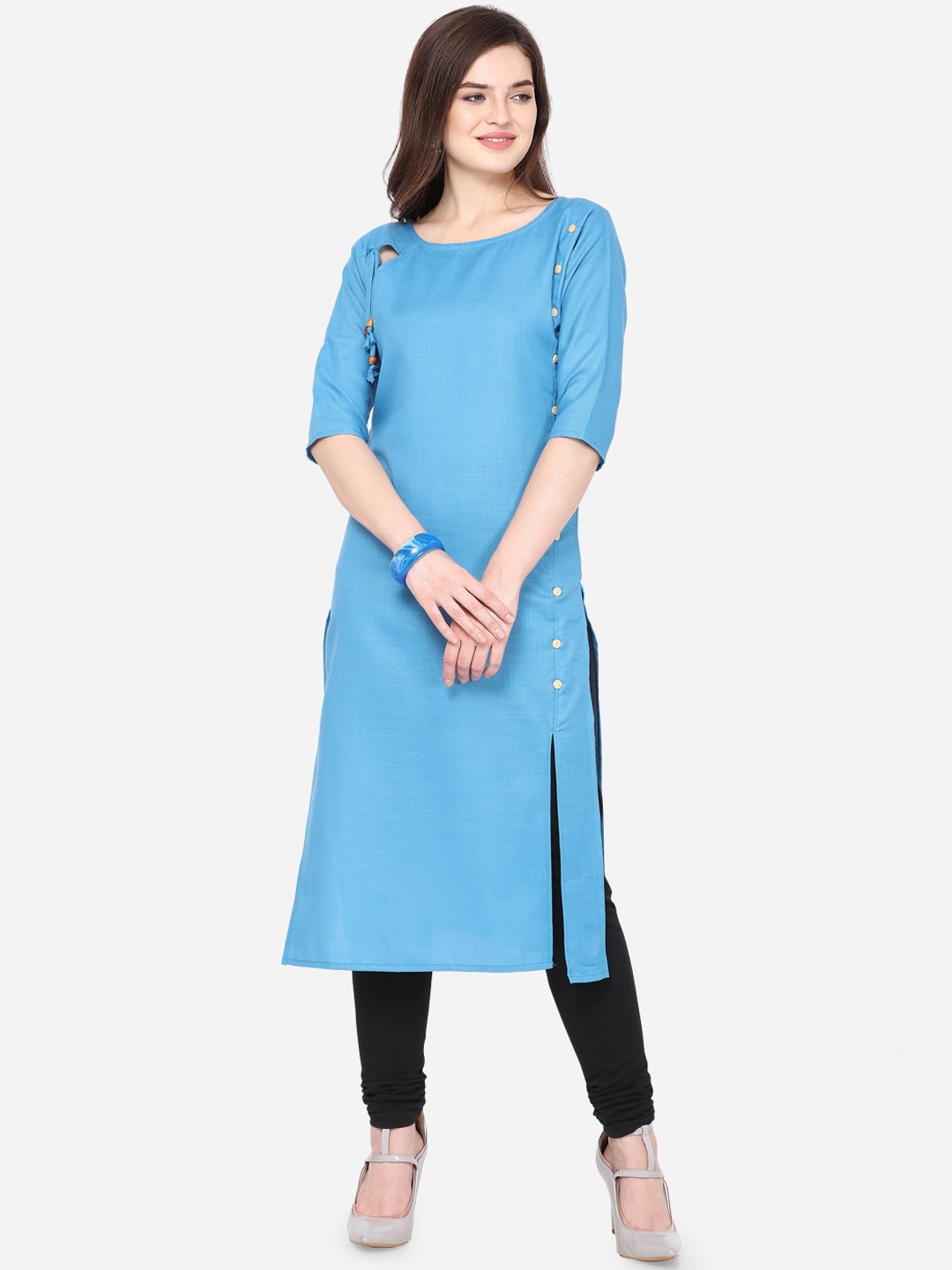 

KALINI Women Turquoise Blue Solid Cotton Straight Kurta