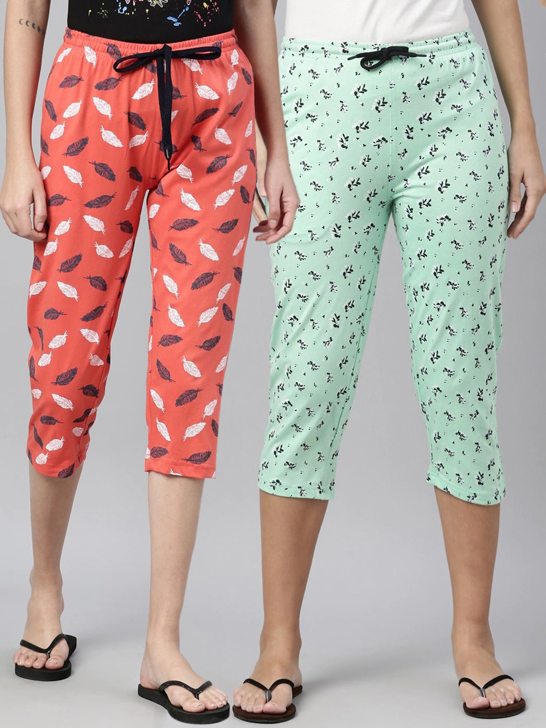 

Kryptic Women Set Of 2 Orange & Green Printed Mid-Rise Pure Cotton Capris