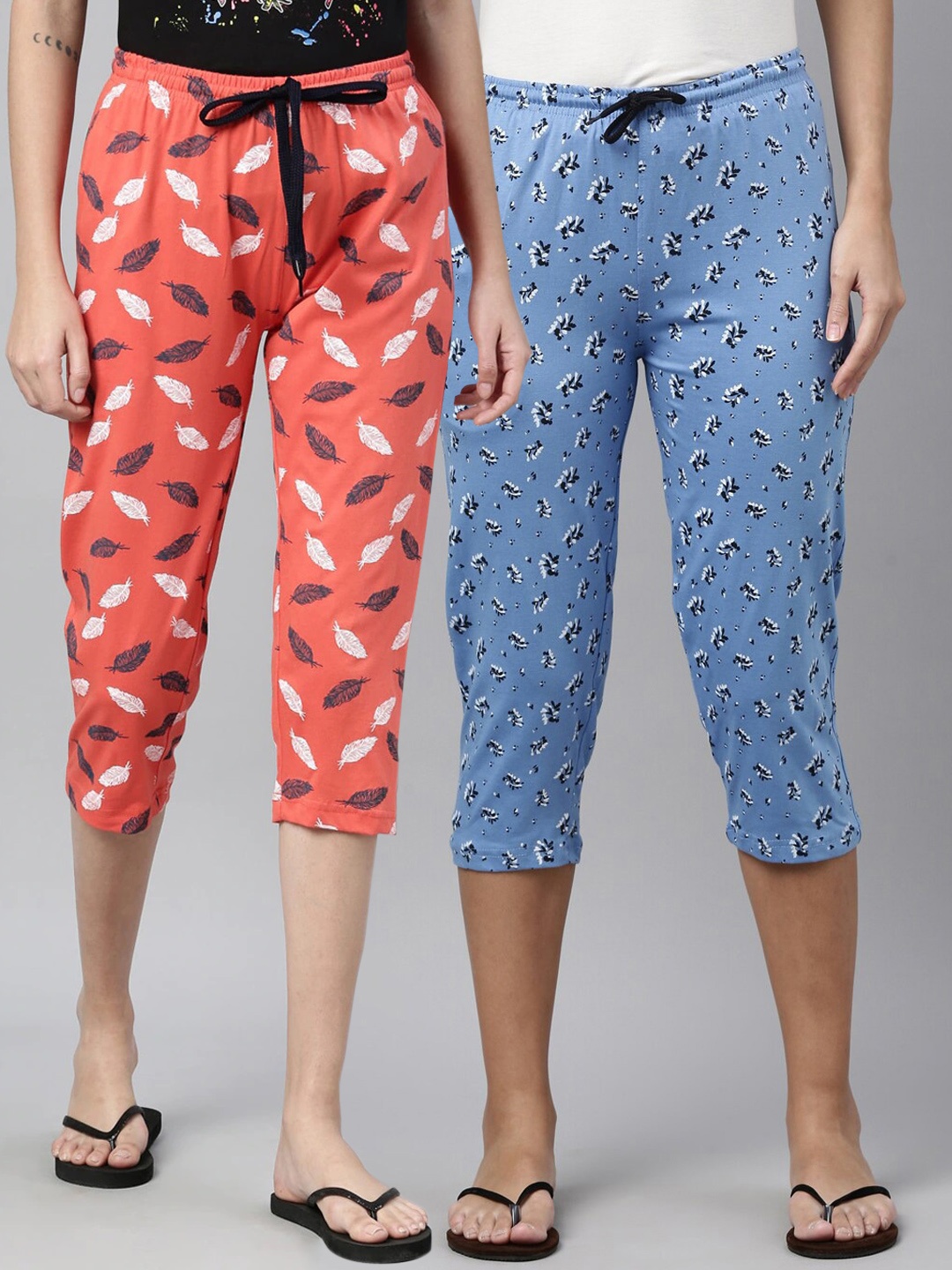 

Kryptic Women Pack Of 2 Orange & Blue Pure Cotton Printed Capris