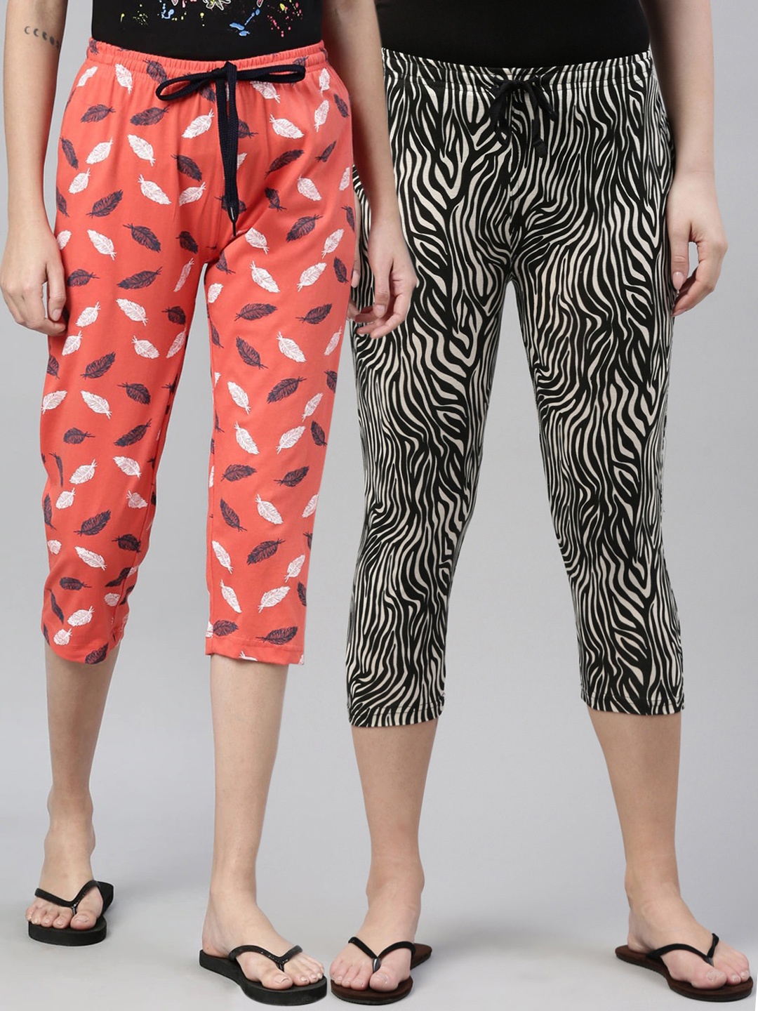

Kryptic Women Pack Of 2 Orange & Black Printed Pure Cotton Capris