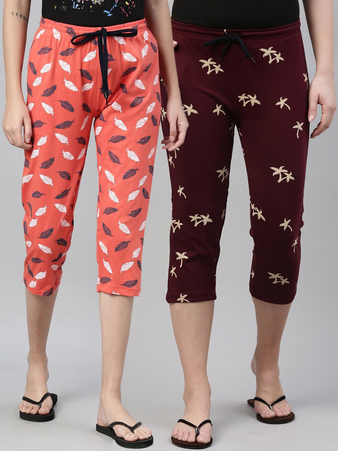 

Kryptic Women Pack of 2 Orange & Maroon Printed Pure Cotton Capris